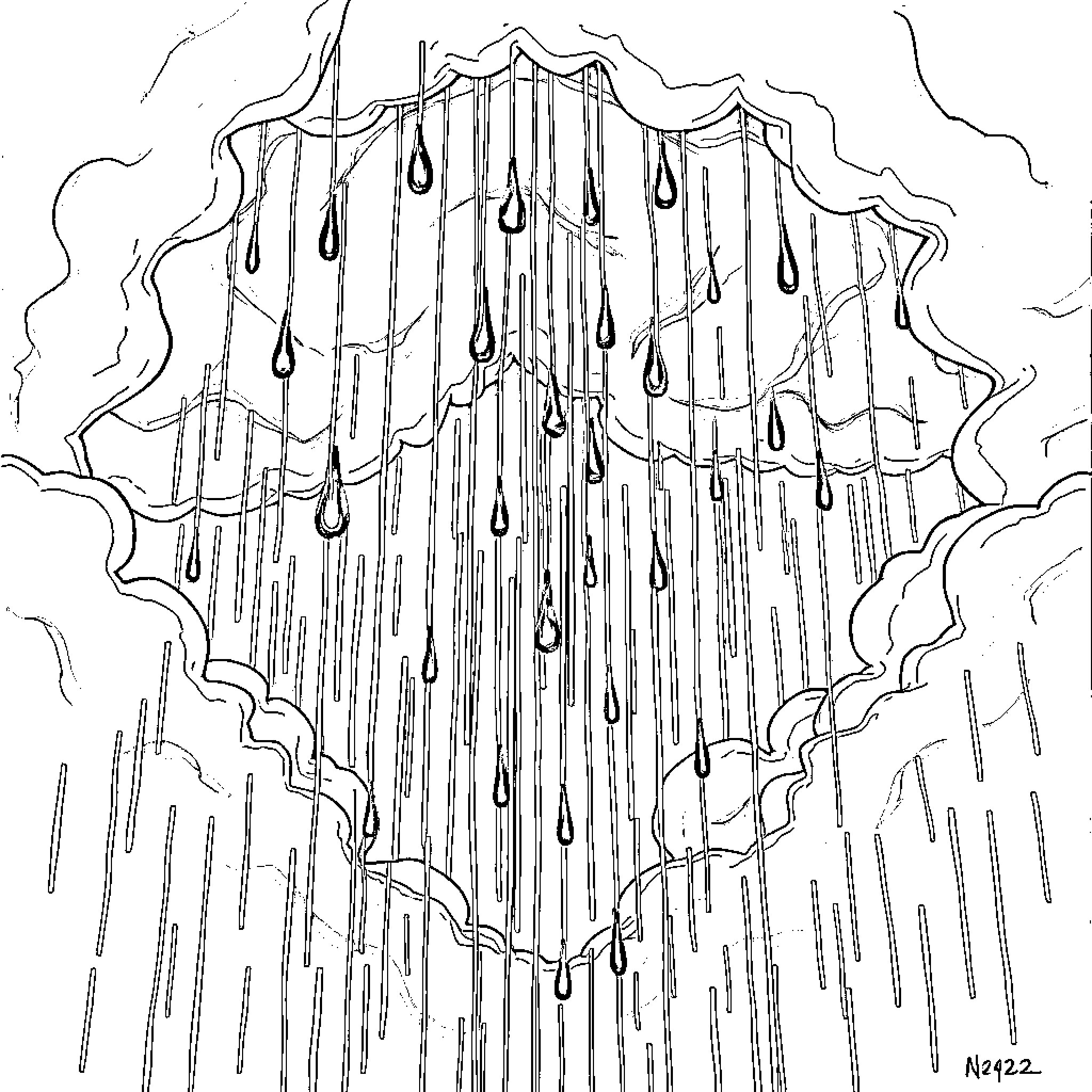 Iron Waterfall Cascading Down from Heavenly Clouds Coloring Page (free black-and-white line drawing printable PDF for all, from beginners to advanced learners, including children, teens, adults, and seniors)