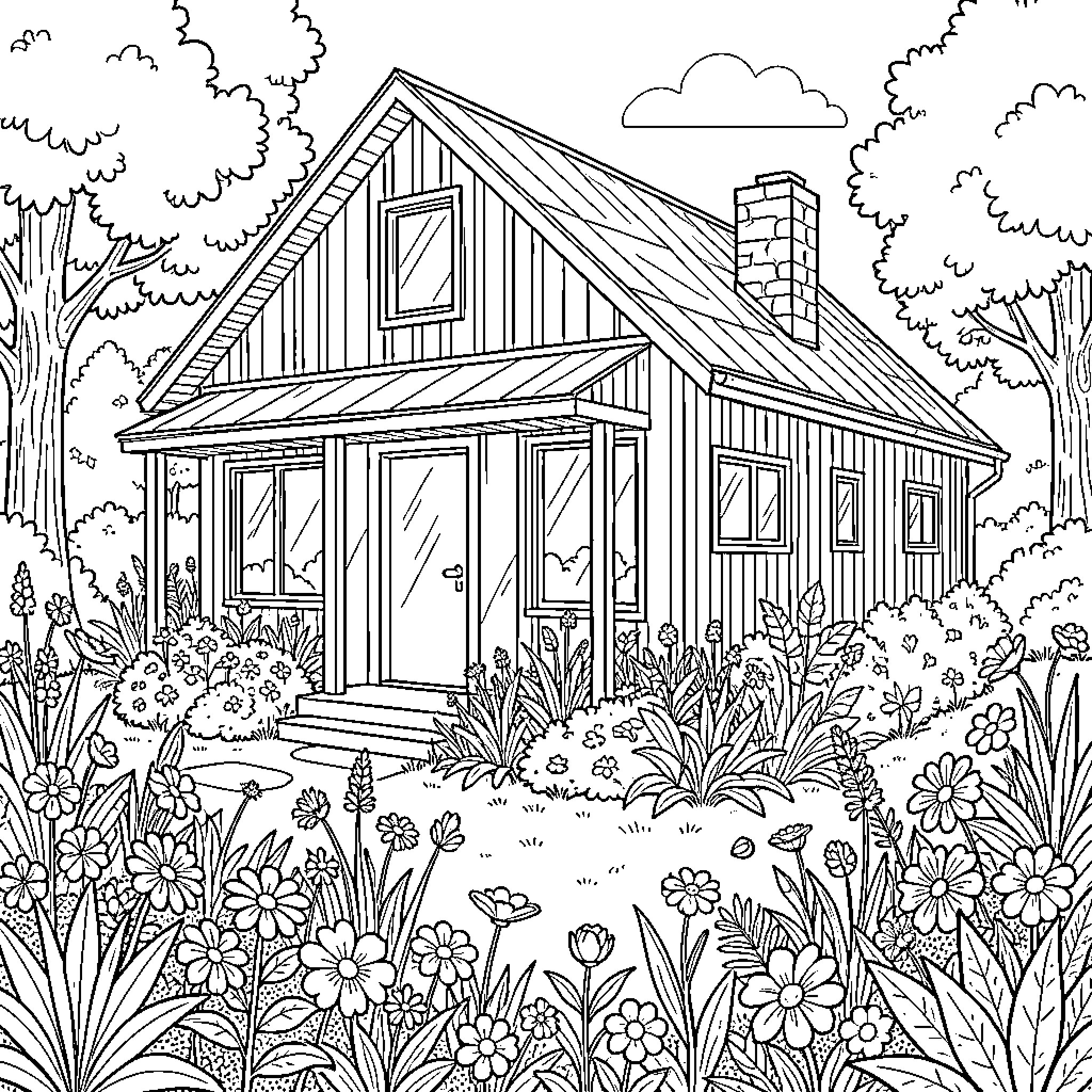 House nestled in a lush garden with flowers Coloring Page (free black-and-white line drawing printable PDF for all, from beginners to advanced learners, including children, teens, adults, and seniors)