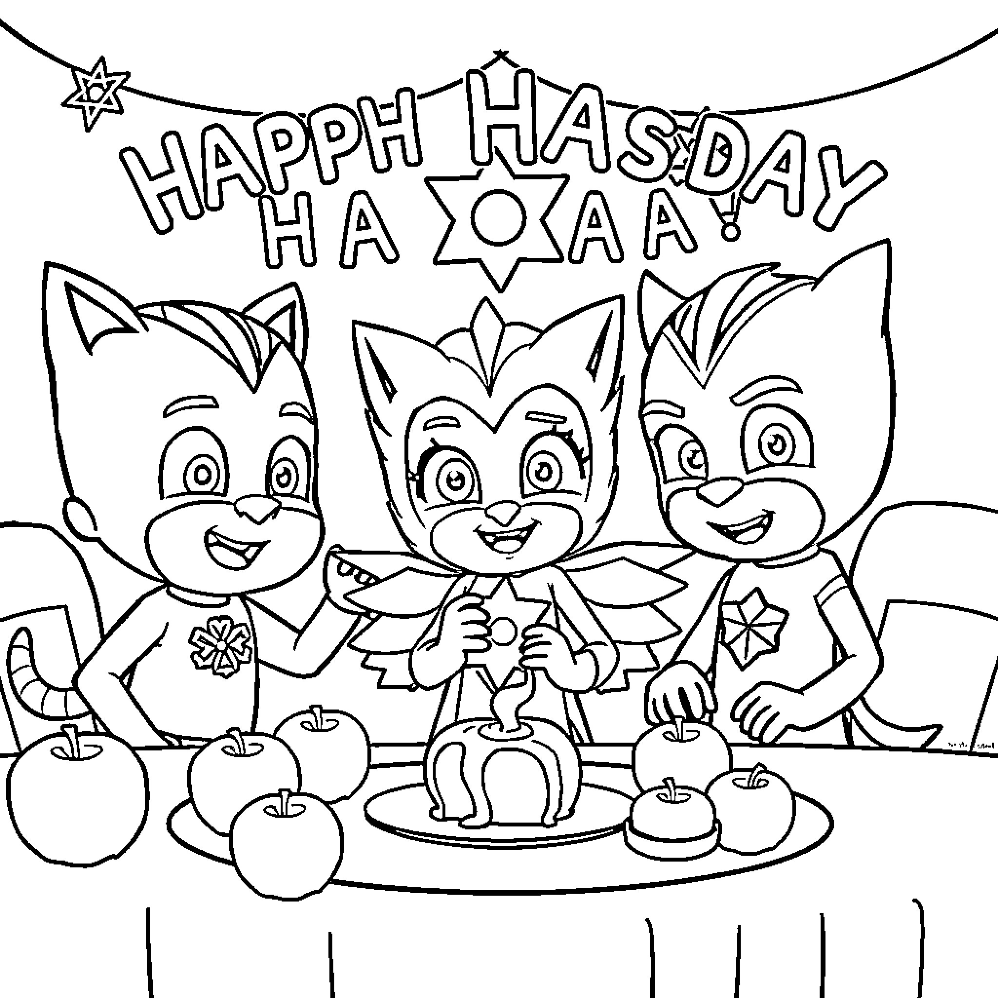 Pj Masks characters celebrating Hanukkah together Coloring Page (free black-and-white line drawing printable PDF for all, from beginners to advanced learners, including children, teens, adults, and seniors)