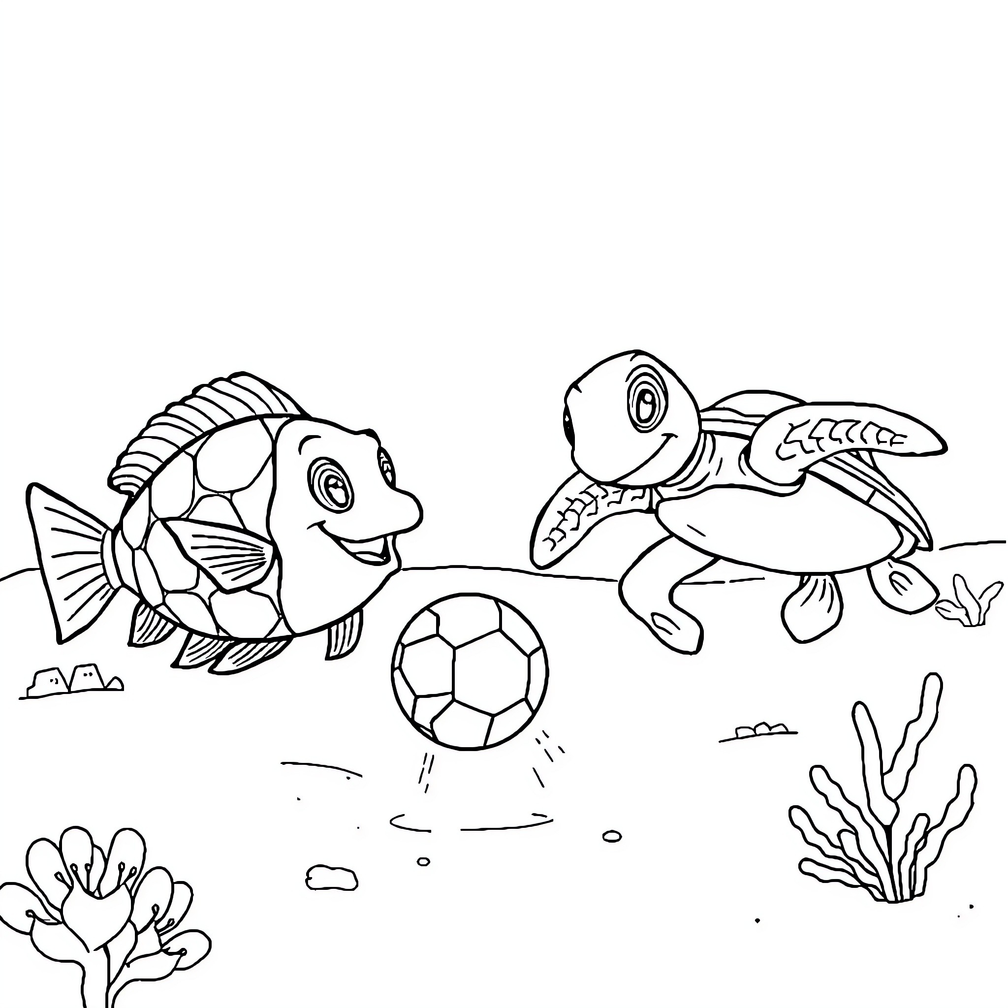 Fish playing and chasing soccer ball underwater Coloring Page (free black-and-white line drawing printable PDF for all, from beginners to advanced learners, including children, teens, adults, and seniors)