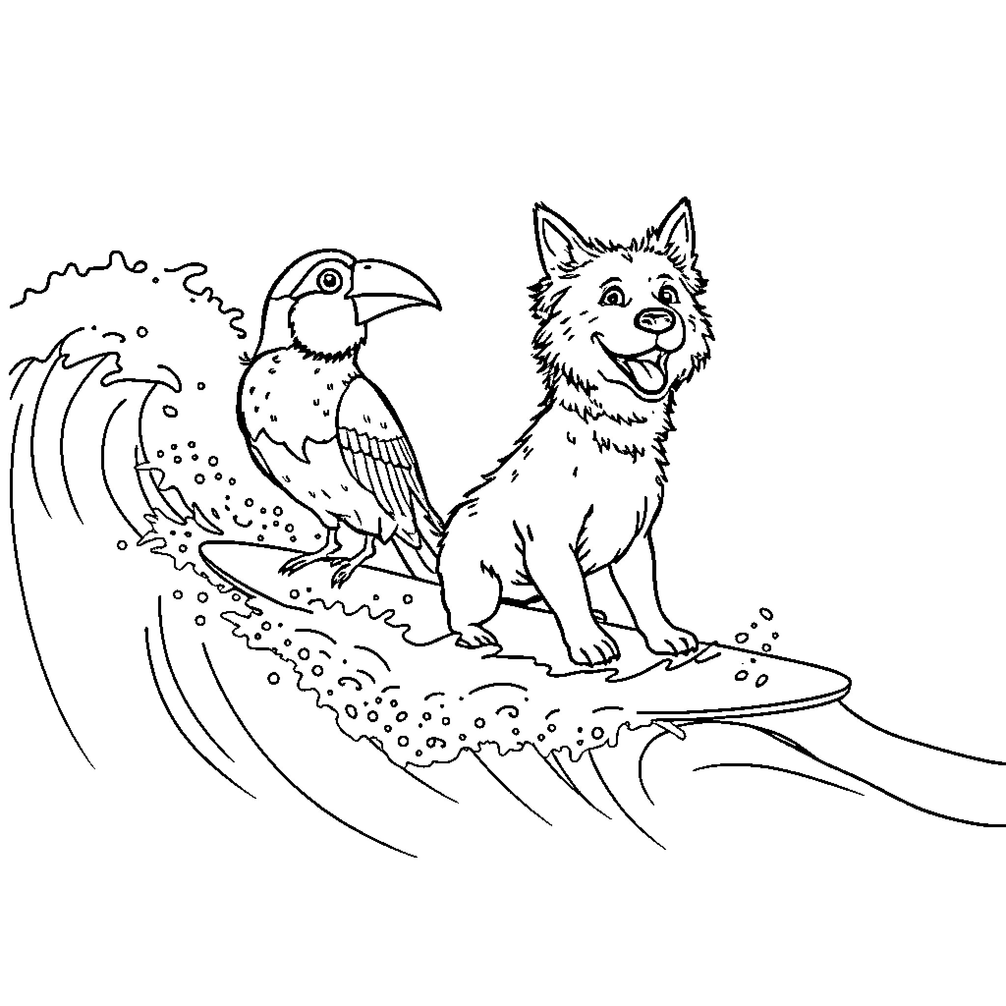 Bird and Puppy Enjoying the Beach Coloring Page (free black-and-white line drawing printable PDF for all, from beginners to advanced learners, including children, teens, adults, and seniors)