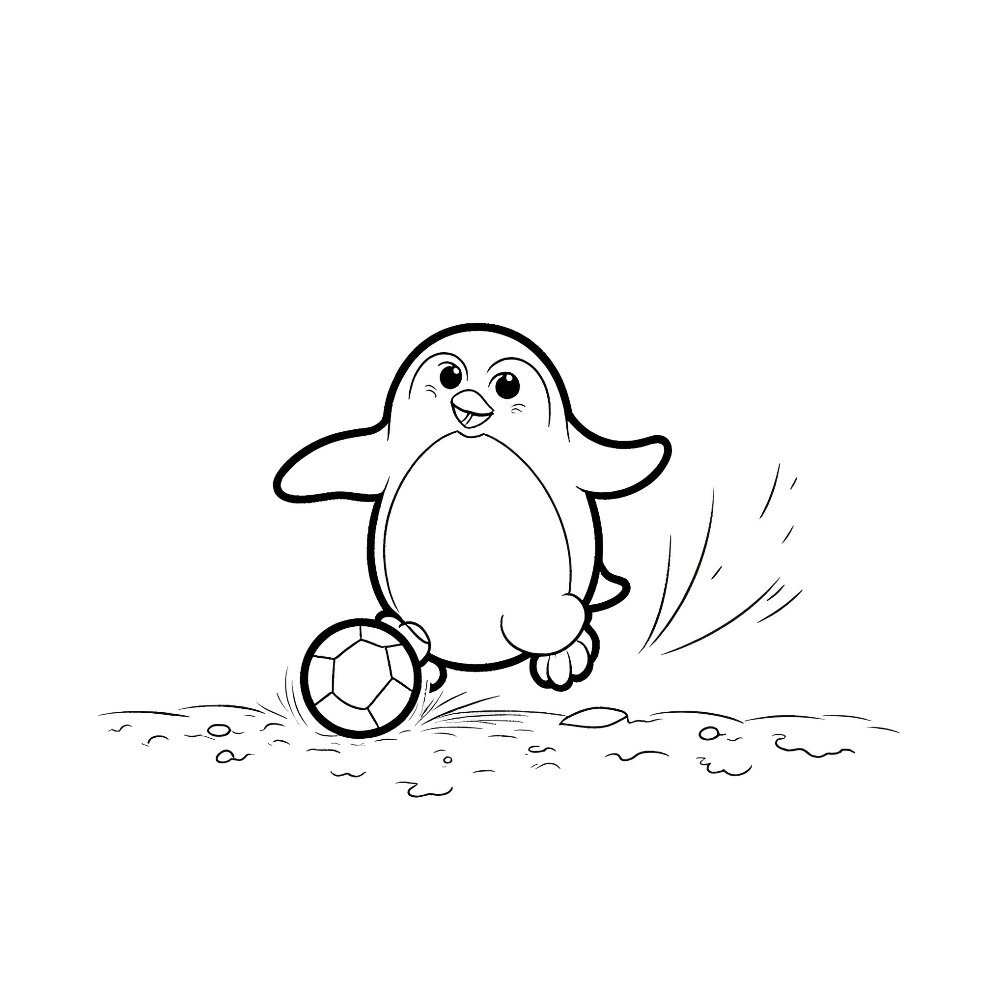 Penguin playing happily with soccer ball on the ground Coloring Page (free black-and-white line drawing printable PDF for all, from beginners to advanced learners, including children, teens, adults, and seniors)