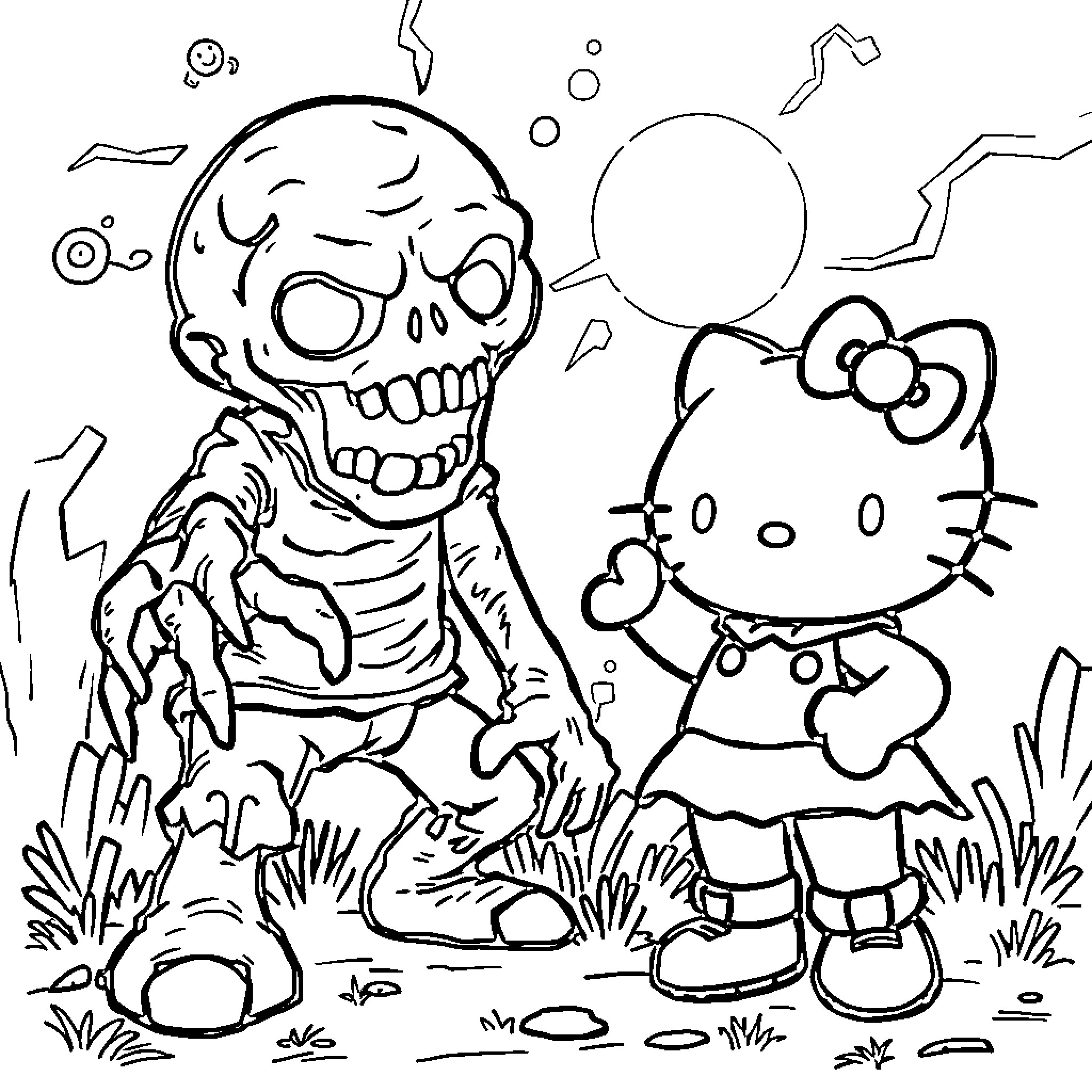 Hello Kitty Encounters a Spooky Creature Coloring Page (free black-and-white line drawing printable PDF for all, from beginners to advanced learners, including children, teens, adults, and seniors)