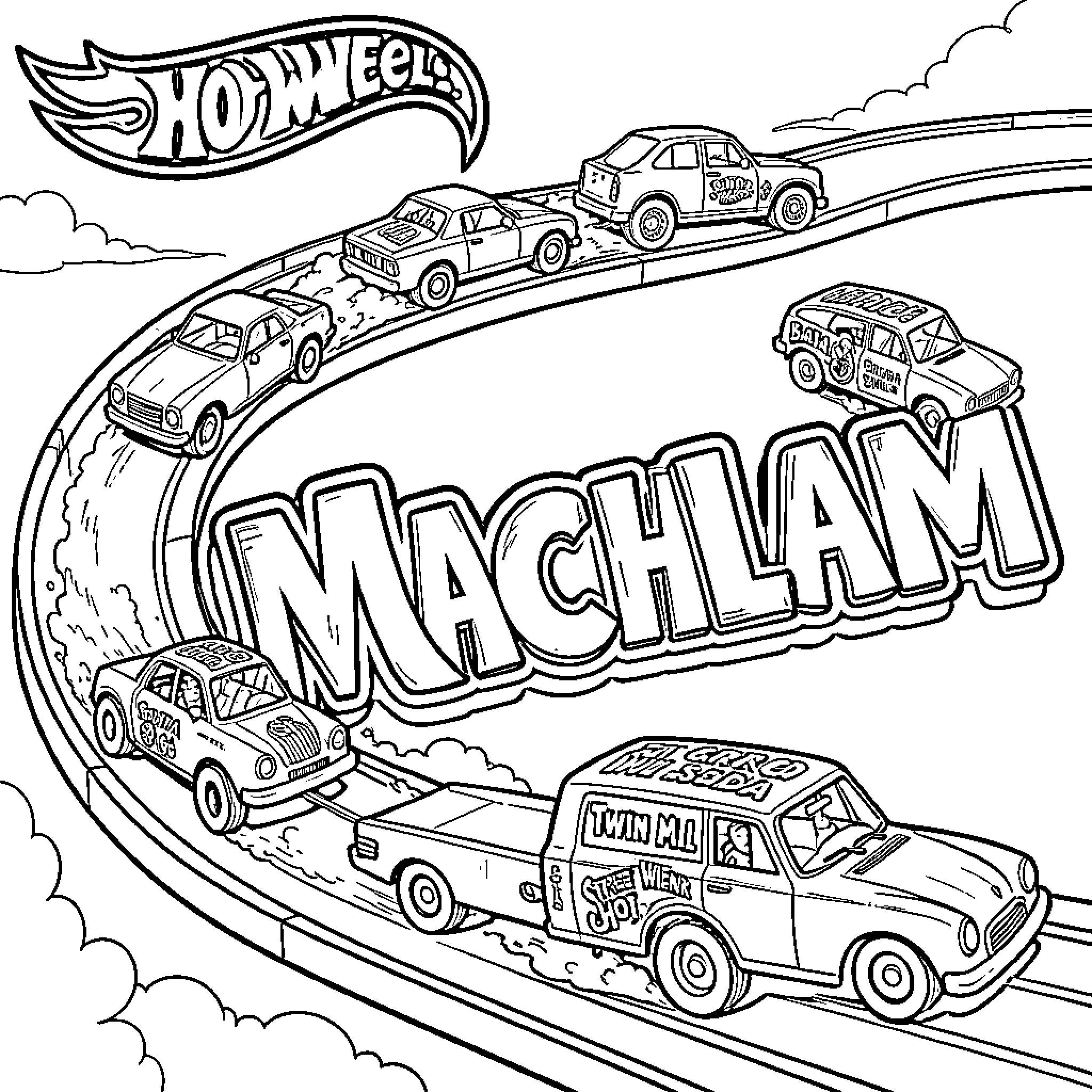 Hot Wheel cars racing fast on a winding track Coloring Page (free black-and-white line drawing printable PDF for all, from beginners to advanced learners, including children, teens, adults, and seniors)