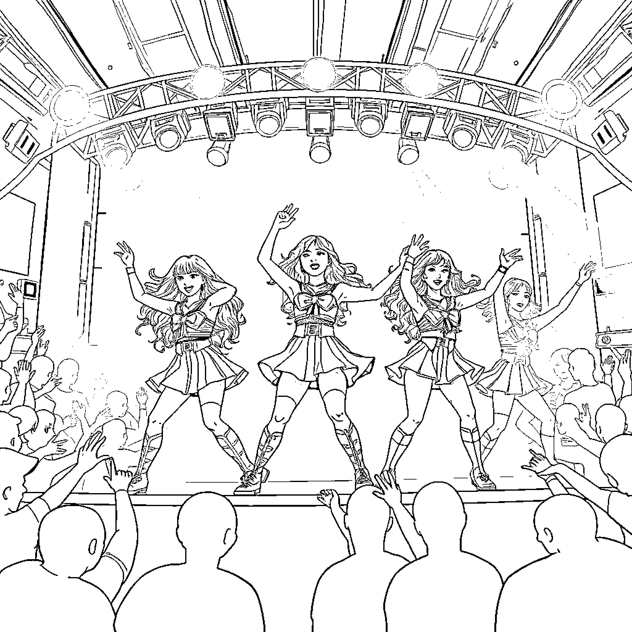 Guerrera: Empowered Performers on Stage Coloring Page (free black-and-white line drawing printable PDF for all, from beginners to advanced learners, including children, teens, adults, and seniors)