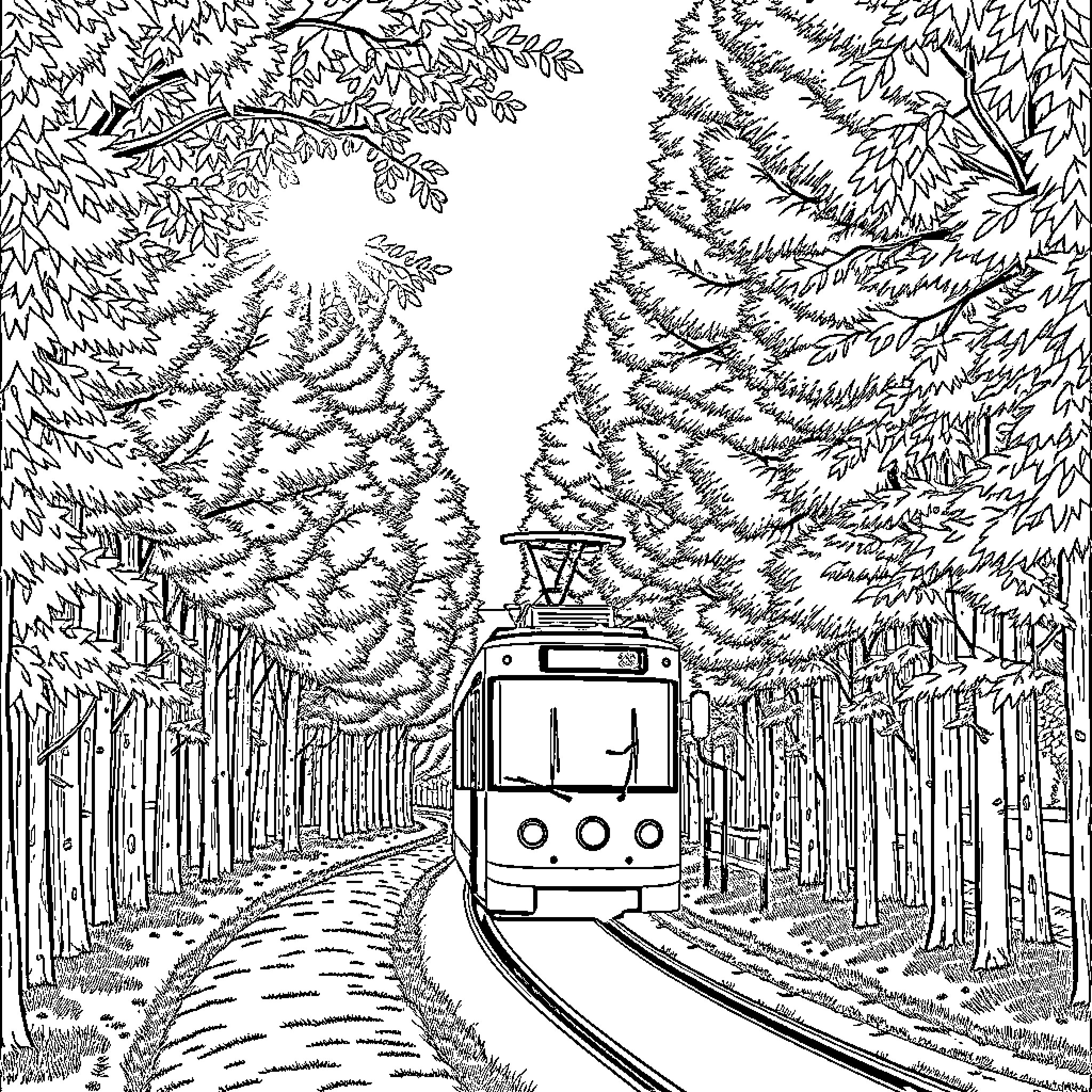 Tram riding through a snowy forest landscape Coloring Page (free black-and-white line drawing printable PDF for all, from beginners to advanced learners, including children, teens, adults, and seniors)