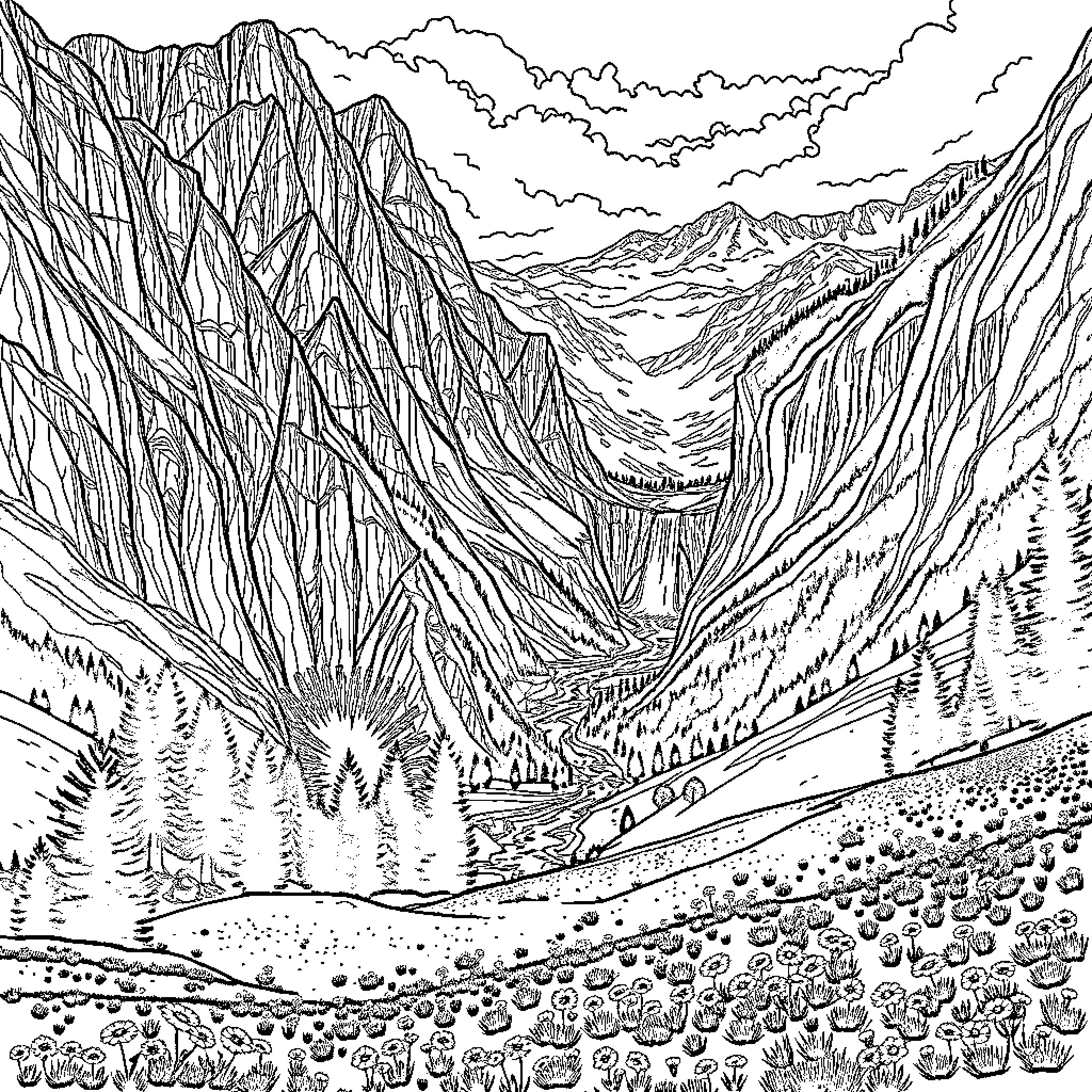 Lauterbrunnen: Majestic mountain landscape with winding path Coloring Page (free black-and-white line drawing printable PDF for all, from beginners to advanced learners, including children, teens, adults, and seniors)