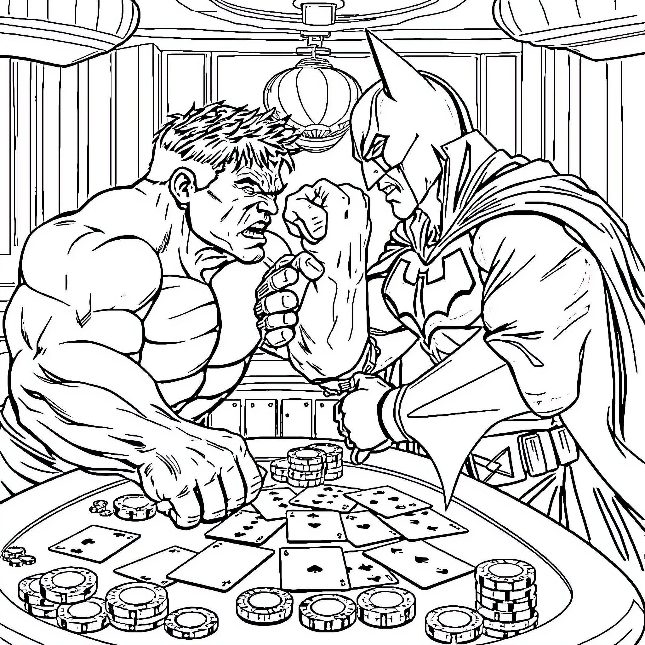 Hulk and Villain Engaged in Intense Arm-Wrestling Match Coloring Page (free black-and-white line drawing printable PDF for all, from beginners to advanced learners, including children, teens, adults, and seniors)