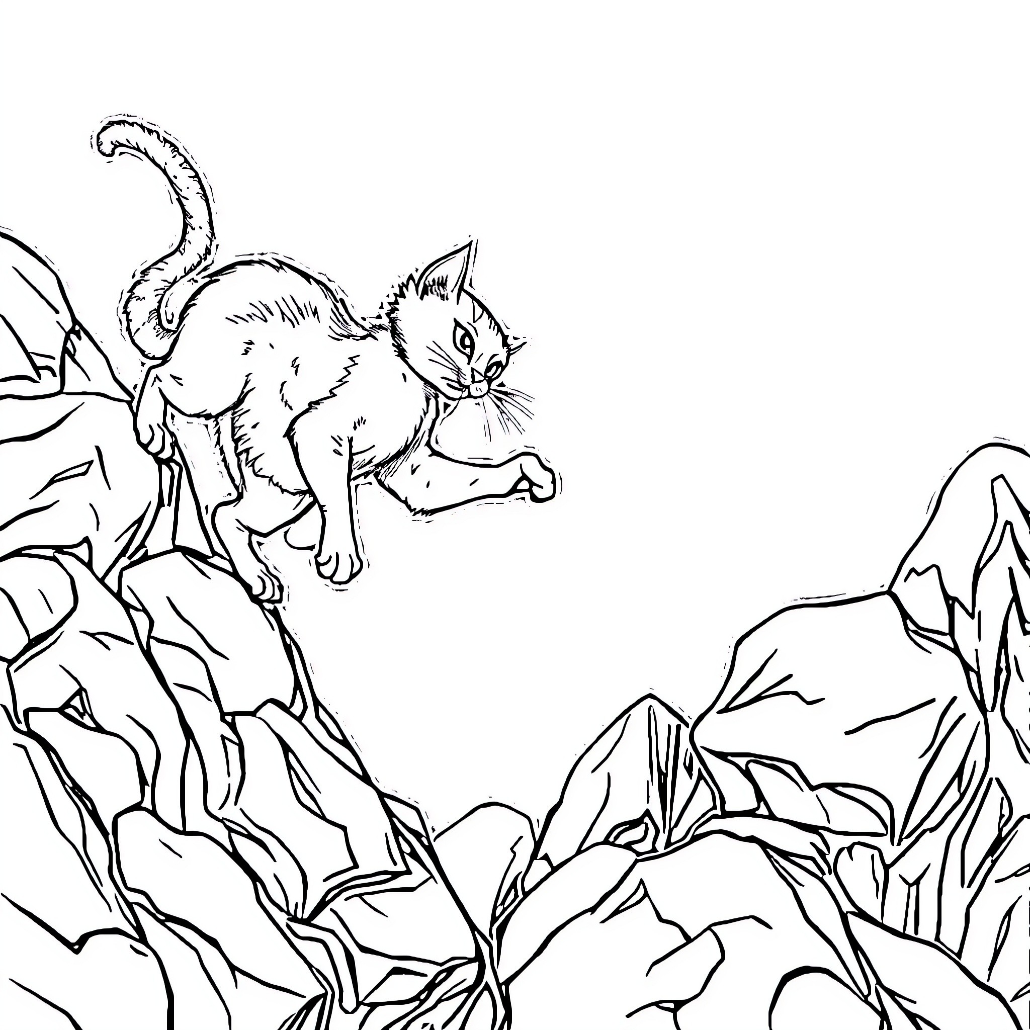 Cat exploring the wilderness Coloring Page (free black-and-white line drawing printable PDF for all, from beginners to advanced learners, including children, teens, adults, and seniors)