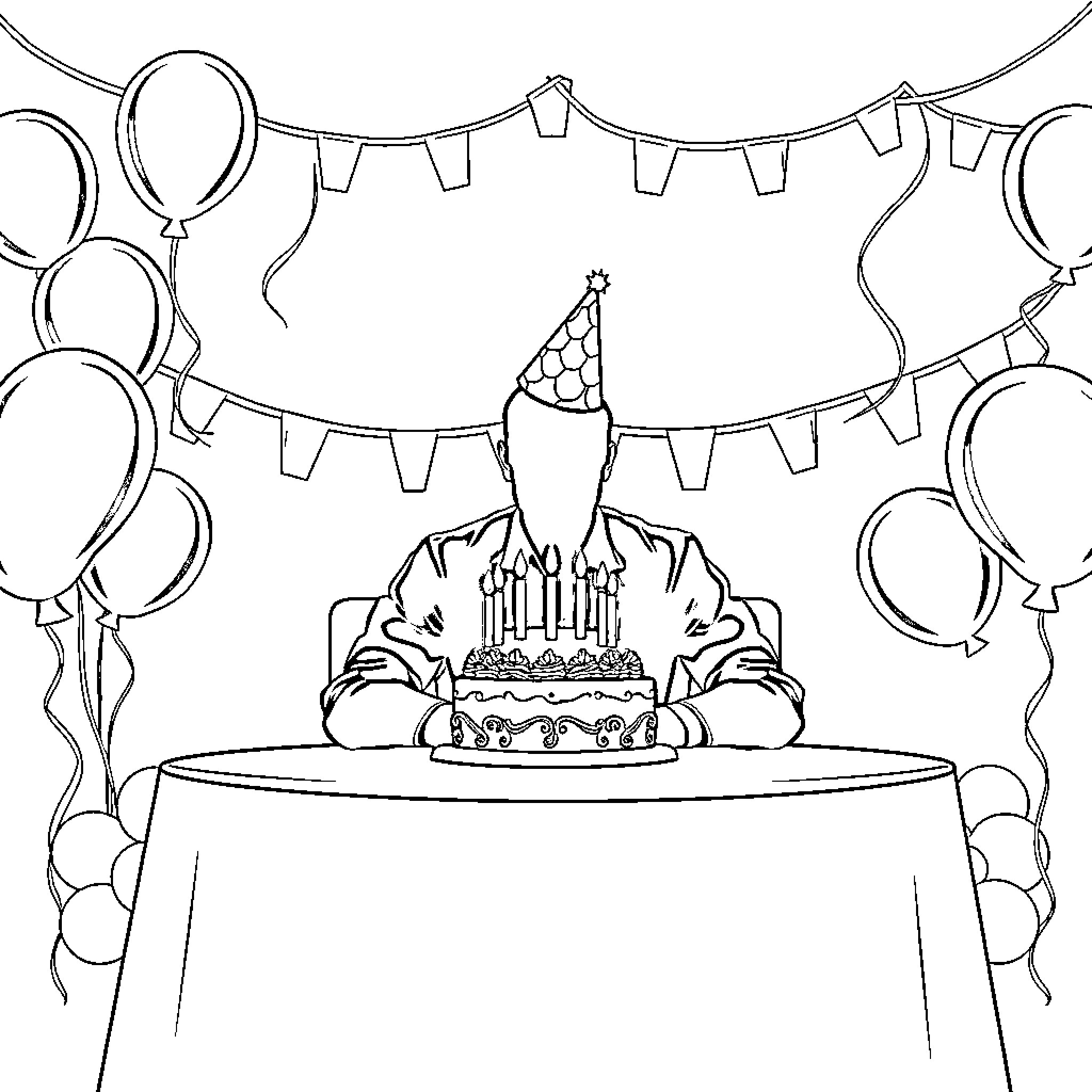 Man celebrating birthday with cake and balloons Coloring Page (free black-and-white line drawing printable PDF for all, from beginners to advanced learners, including children, teens, adults, and seniors)