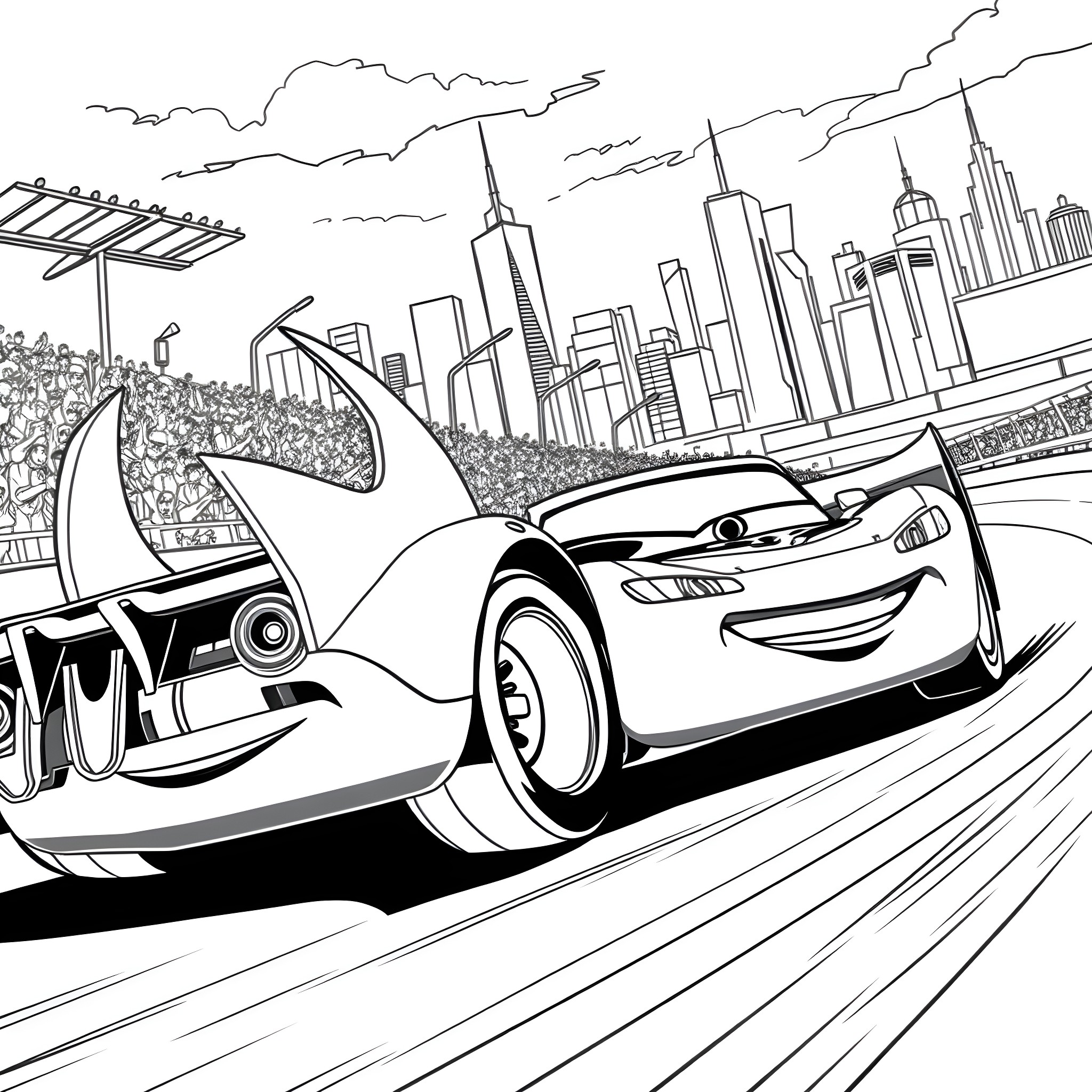 Lightning McQueen racing through a futuristic cityscape Coloring Page (free black-and-white line drawing printable PDF for all, from beginners to advanced learners, including children, teens, adults, and seniors)