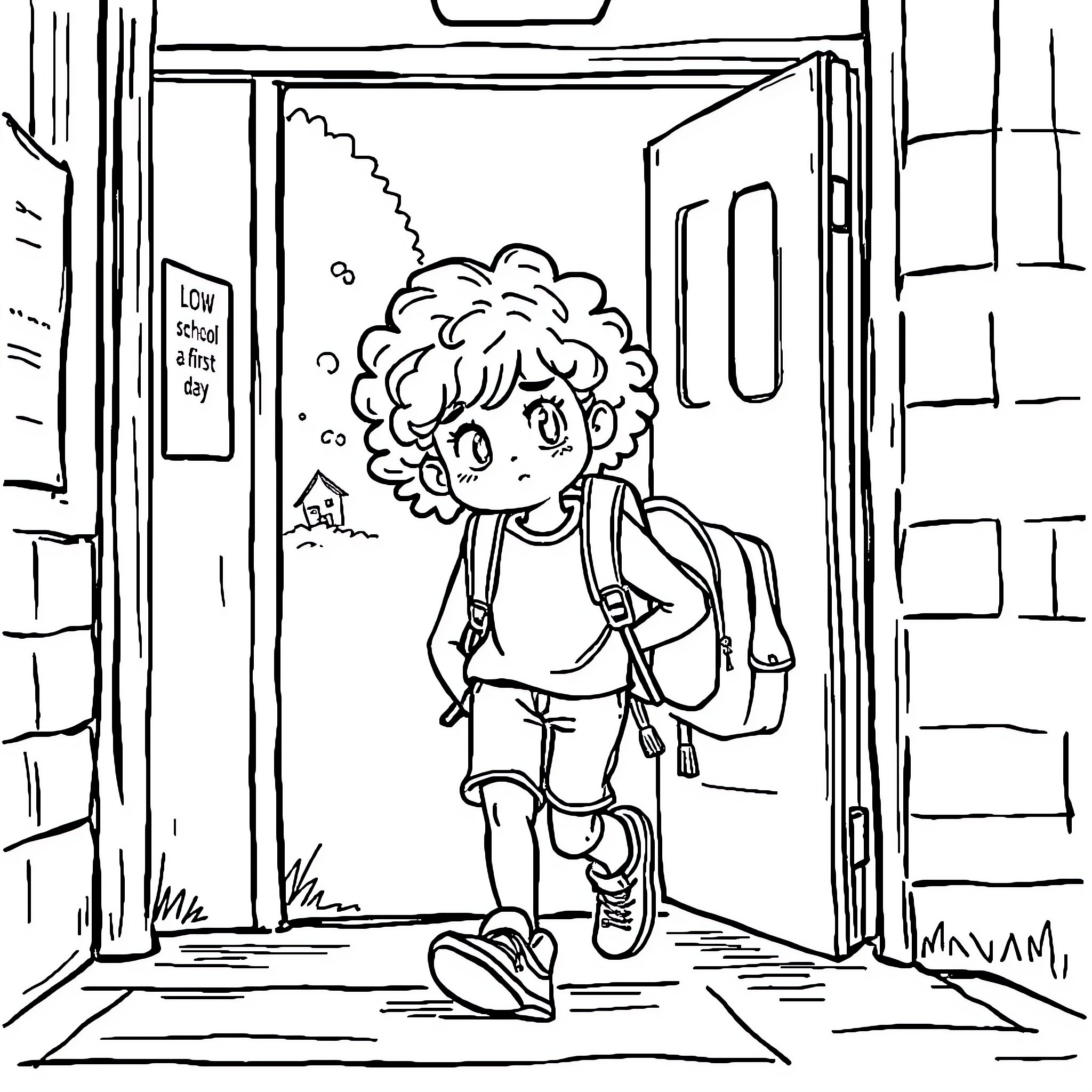 Teen exploring school hallway with backpack Coloring Page (free black-and-white line drawing printable PDF for all, from beginners to advanced learners, including children, teens, adults, and seniors)