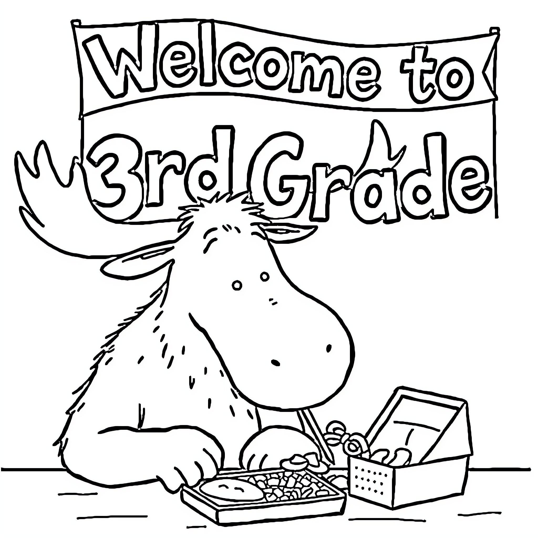 Moose welcomes students to 3rd grade Coloring Page (free black-and-white line drawing printable PDF for all, from beginners to advanced learners, including children, teens, adults, and seniors)