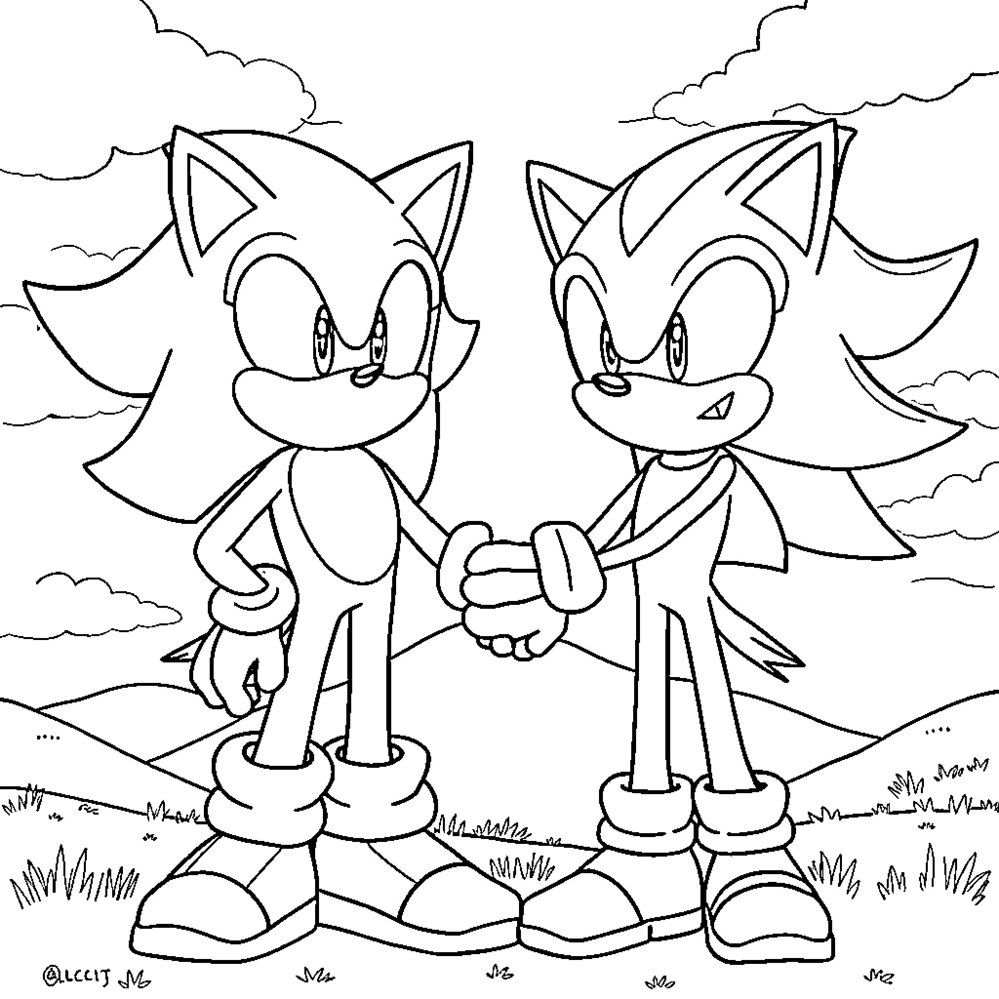 Sonic characters exploring the outdoors Coloring Page (free black-and-white line drawing printable PDF for all, from beginners to advanced learners, including children, teens, adults, and seniors)