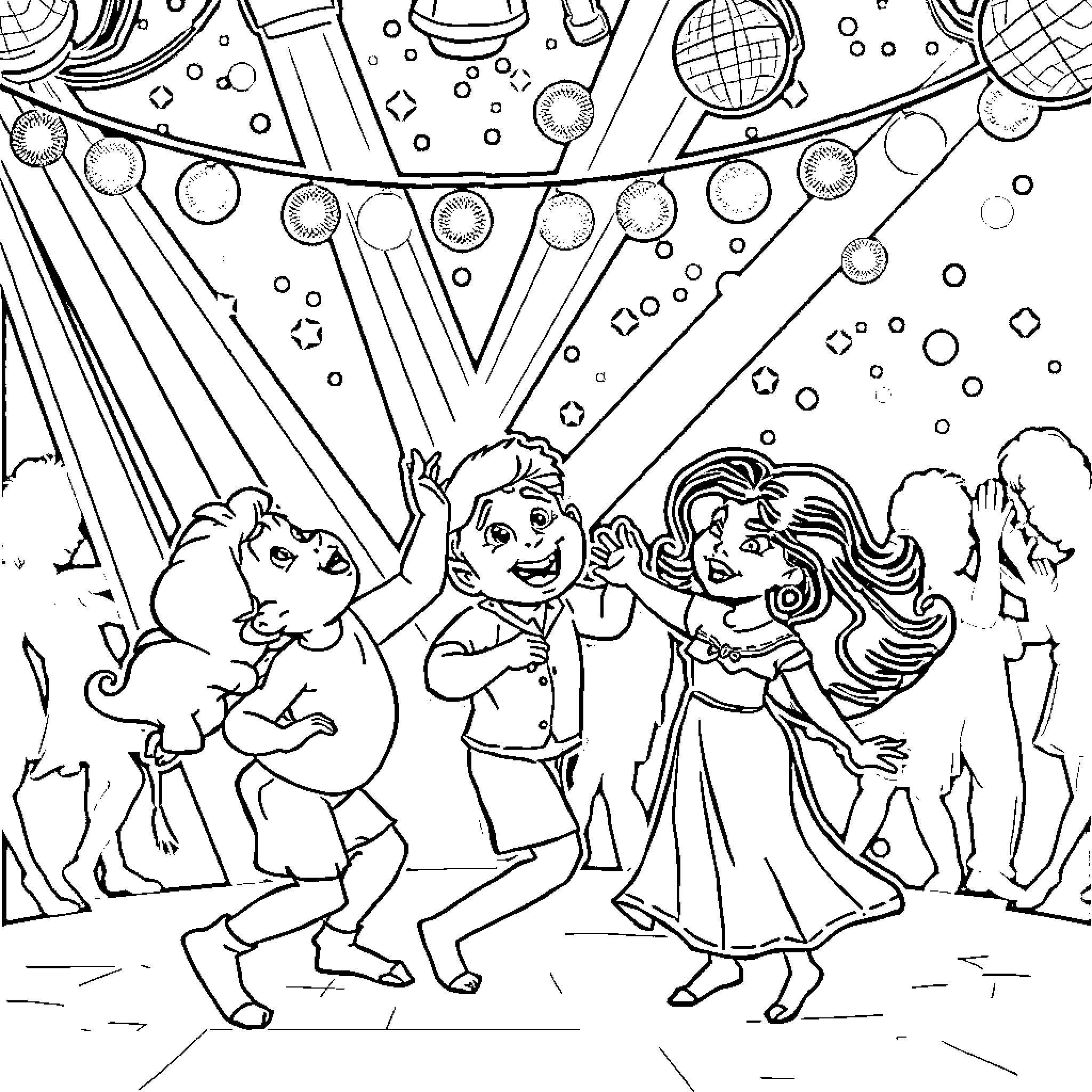 Descendants dancing happily under the night sky Coloring Page (free black-and-white line drawing printable PDF for all, from beginners to advanced learners, including children, teens, adults, and seniors)