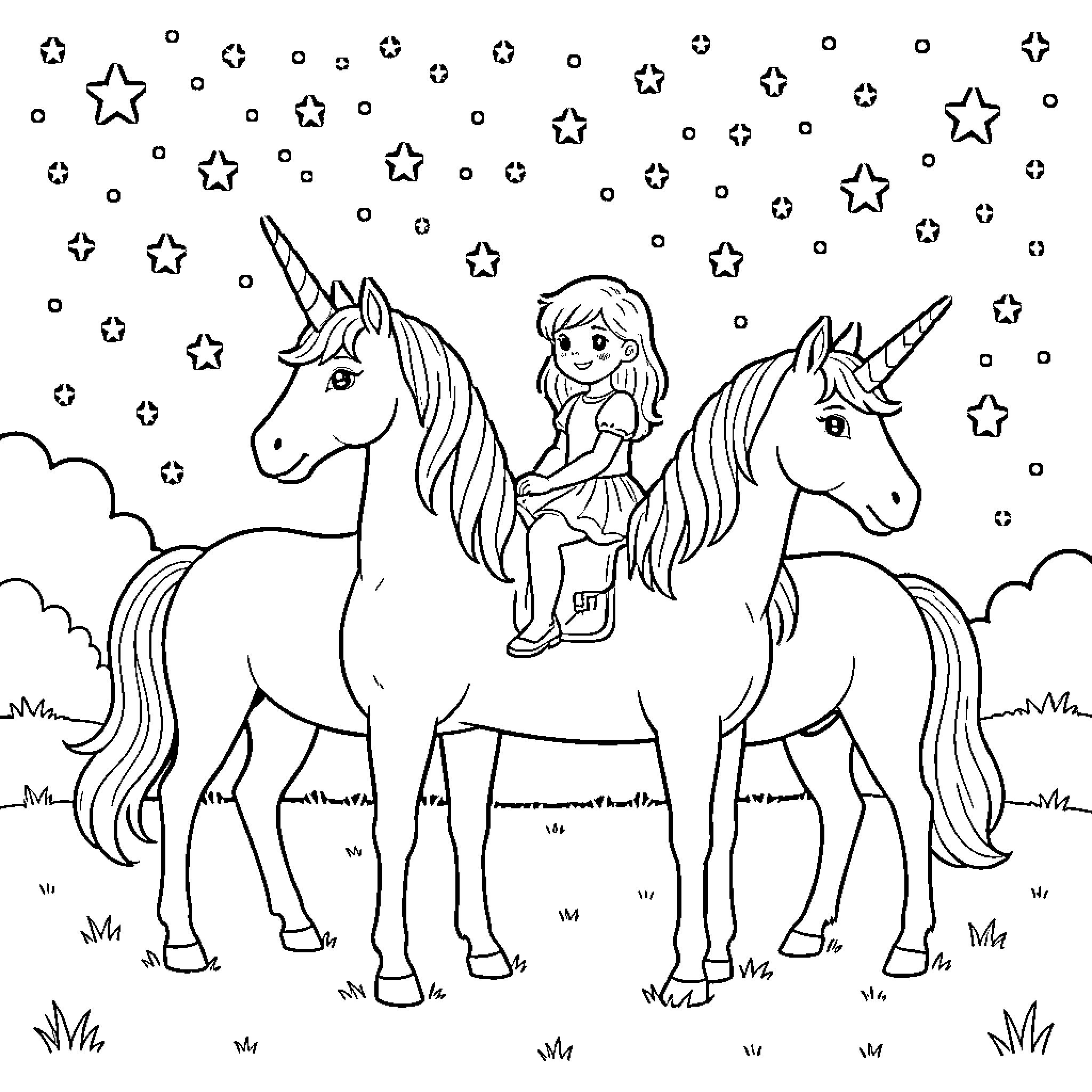 Unicorn riding with a smiling girl under stars Coloring Page (free black-and-white line drawing printable PDF for all, from beginners to advanced learners, including children, teens, adults, and seniors)