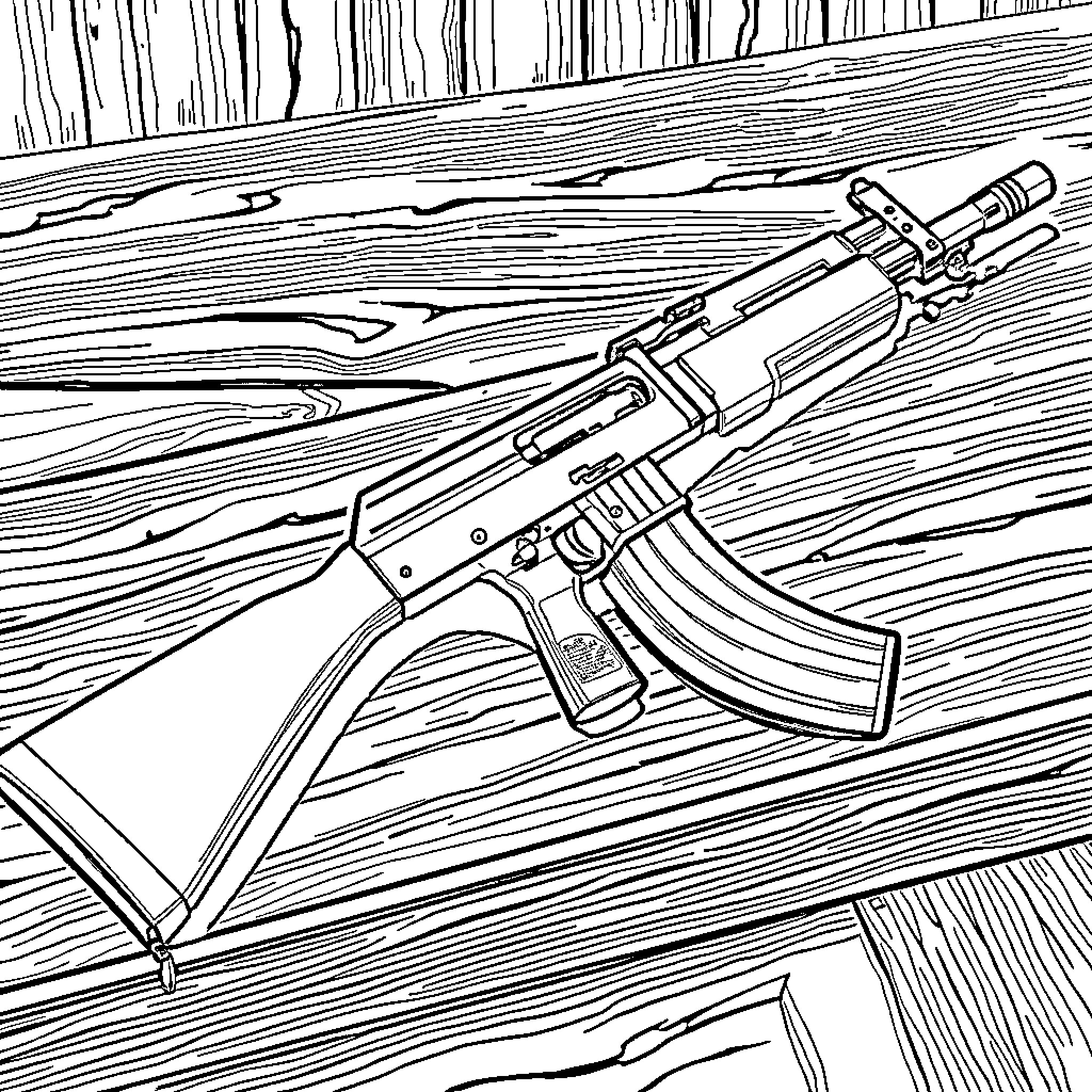 AK47 Assault Rifle on Wooden Surface Coloring Page (free black-and-white line drawing printable PDF for all, from beginners to advanced learners, including children, teens, adults, and seniors)