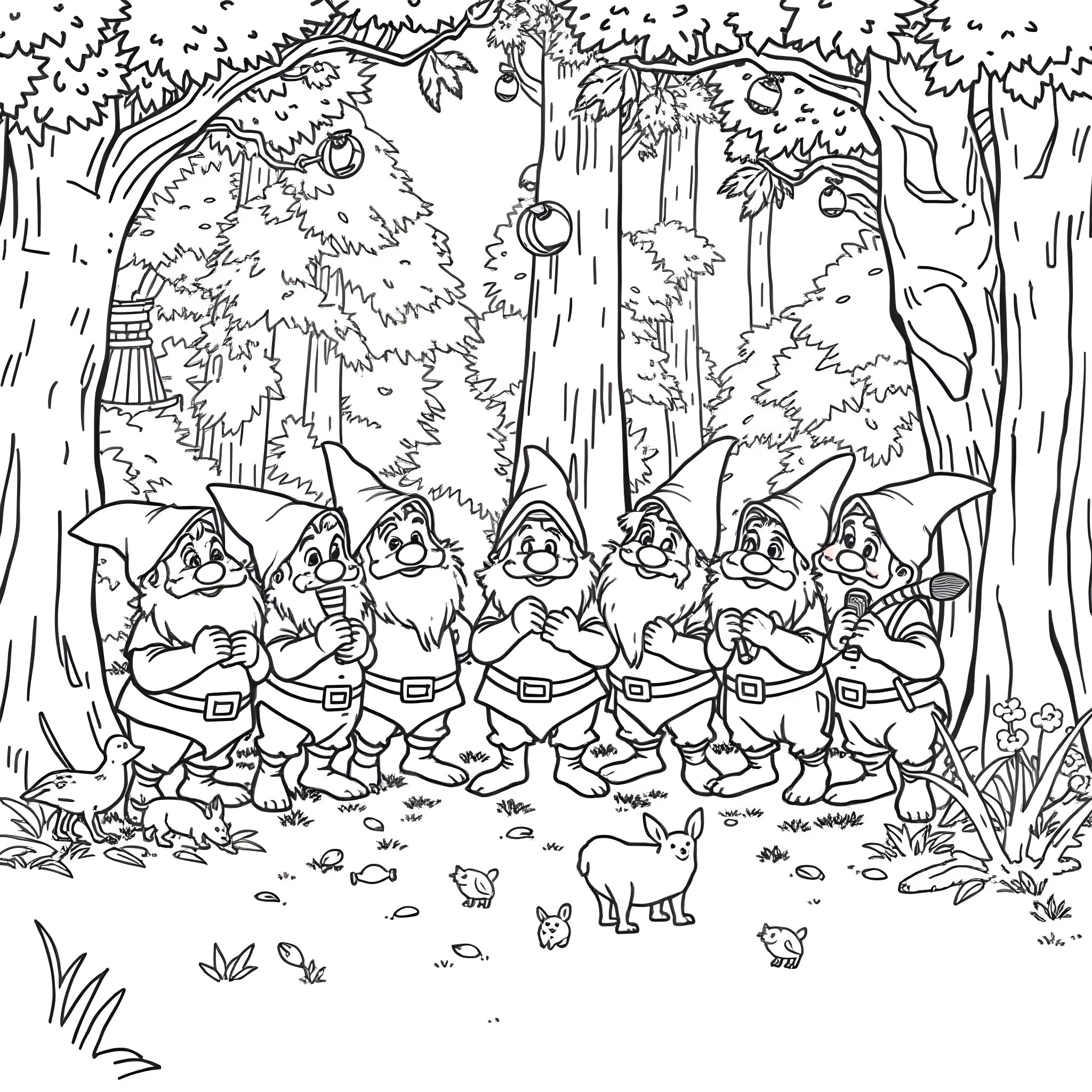 Dwarf miners exploring the enchanted forest Coloring Page (free black-and-white line drawing printable PDF for all, from beginners to advanced learners, including children, teens, adults, and seniors)
