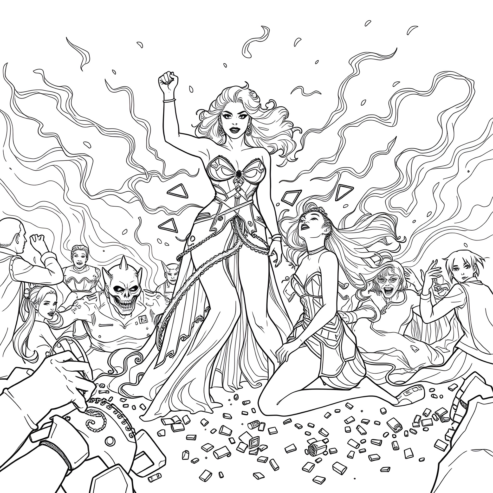 Lady Gaga's Ethereal Enchantment: Mermaids, Monsters, and Magic Coloring Page (free black-and-white line drawing printable PDF for all, from beginners to advanced learners, including children, teens, adults, and seniors)