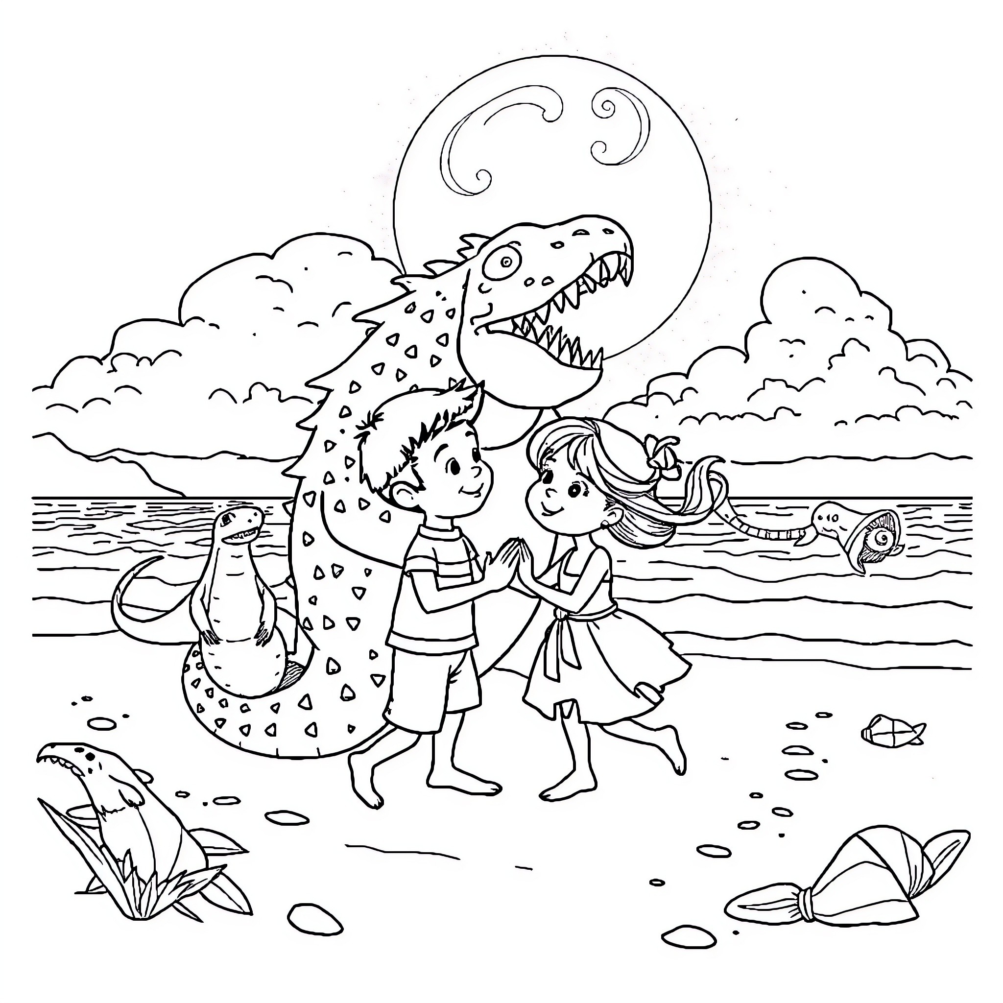 Monsters having fun on the beach Coloring Page (free black-and-white line drawing printable PDF for all, from beginners to advanced learners, including children, teens, adults, and seniors)