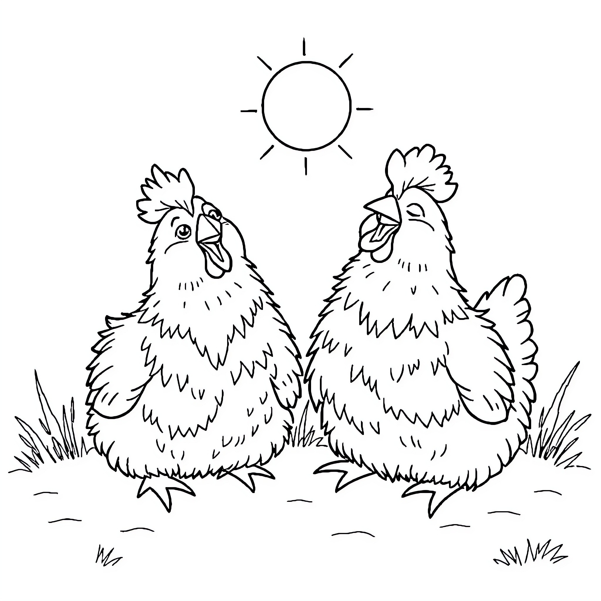 Chickens enjoying the sunshine Coloring Page (free black-and-white line drawing printable PDF for all, from beginners to advanced learners, including children, teens, adults, and seniors)