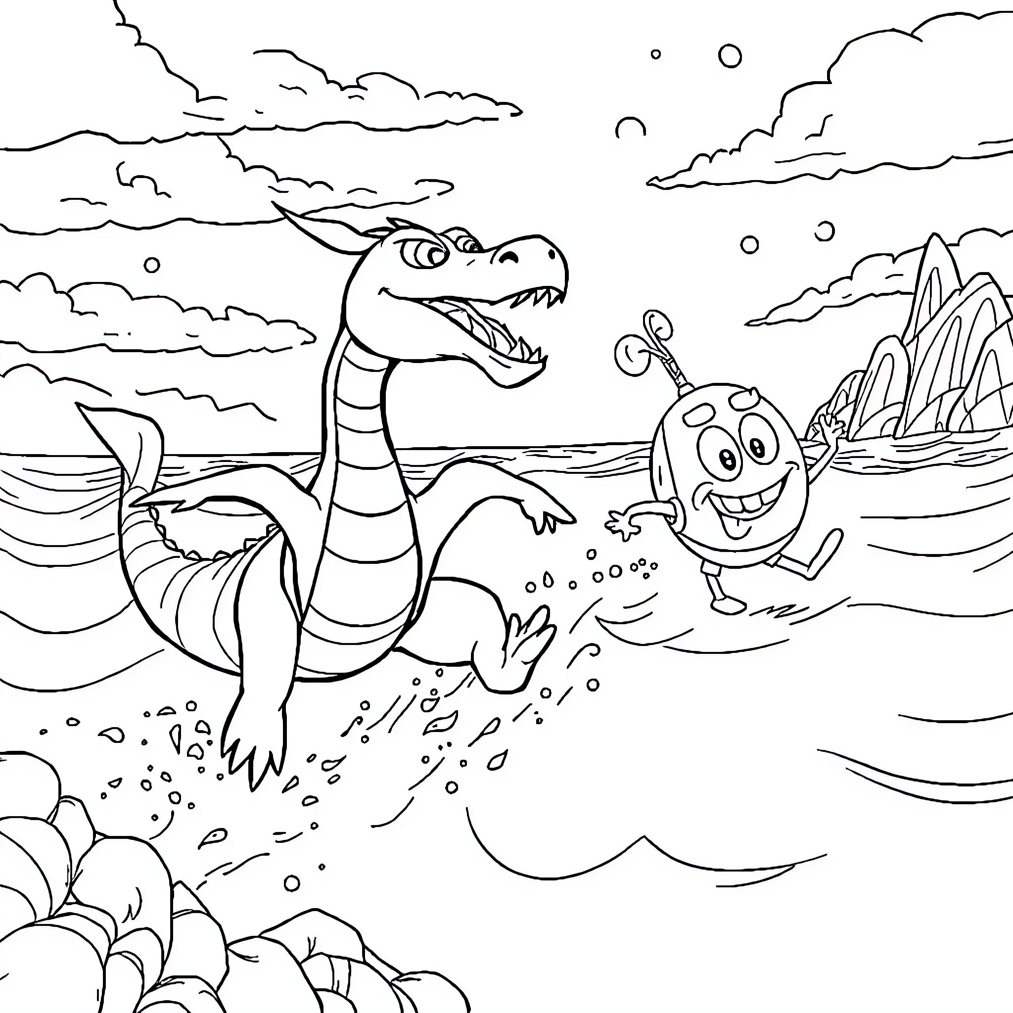 Dragão e Criatura Fantástica em um Cenário Imaginário Coloring Page (free black-and-white line drawing printable PDF for all, from beginners to advanced learners, including children, teens, adults, and seniors)