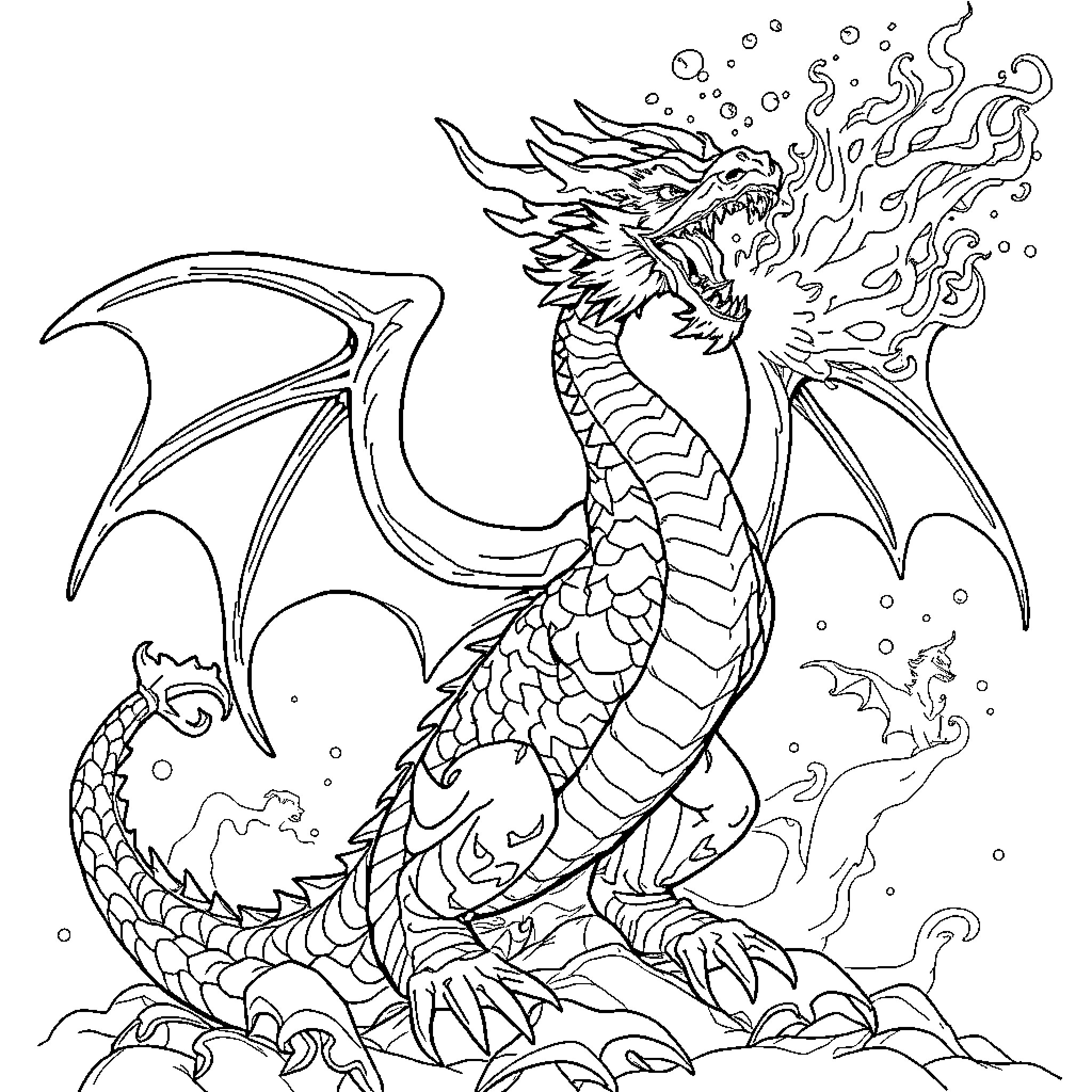 Dragon breathing fire and smoke Coloring Page (free black-and-white line drawing printable PDF for all, from beginners to advanced learners, including children, teens, adults, and seniors)