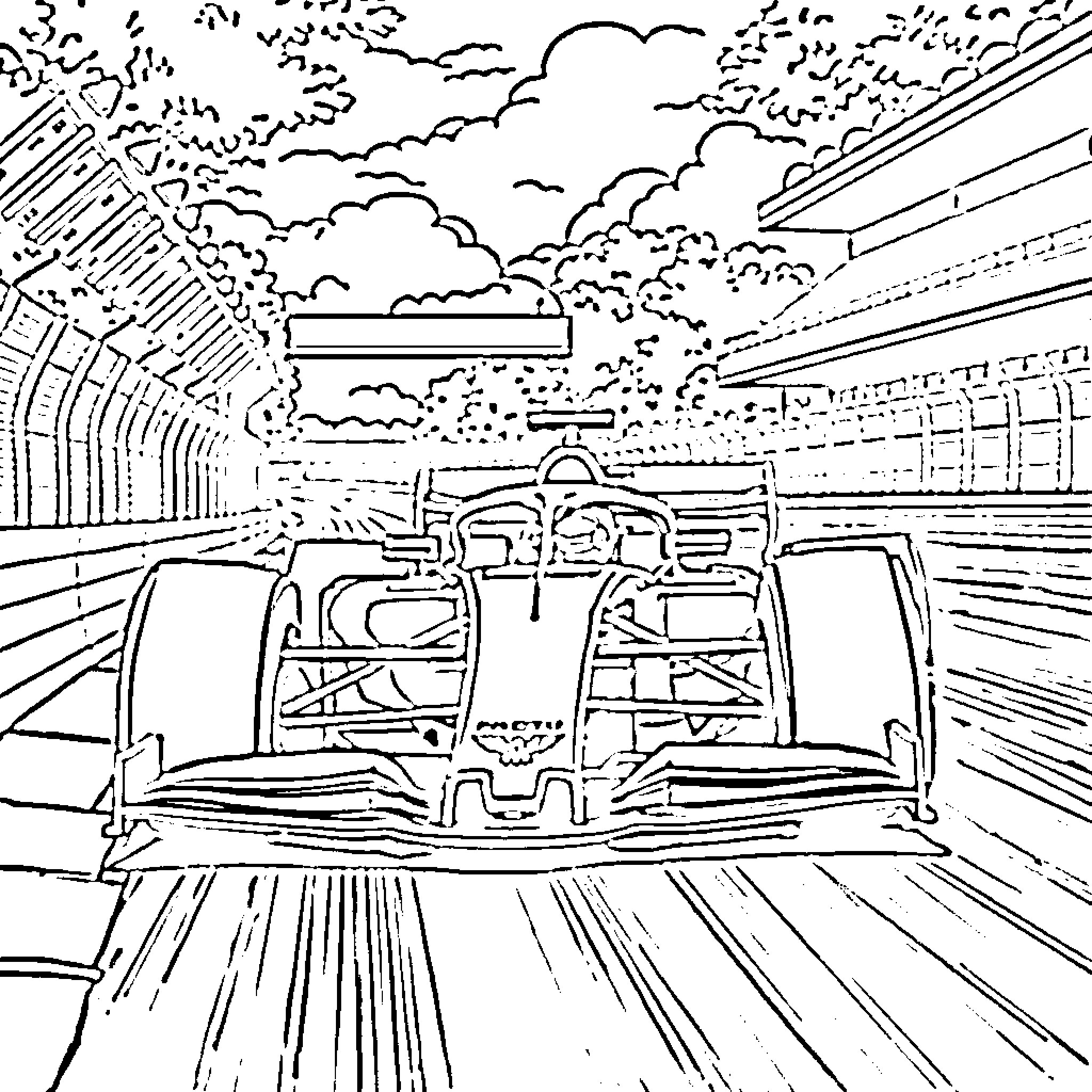 Formula 1 Car racing through race track Coloring Page (free black-and-white line drawing printable PDF for all, from beginners to advanced learners, including children, teens, adults, and seniors)