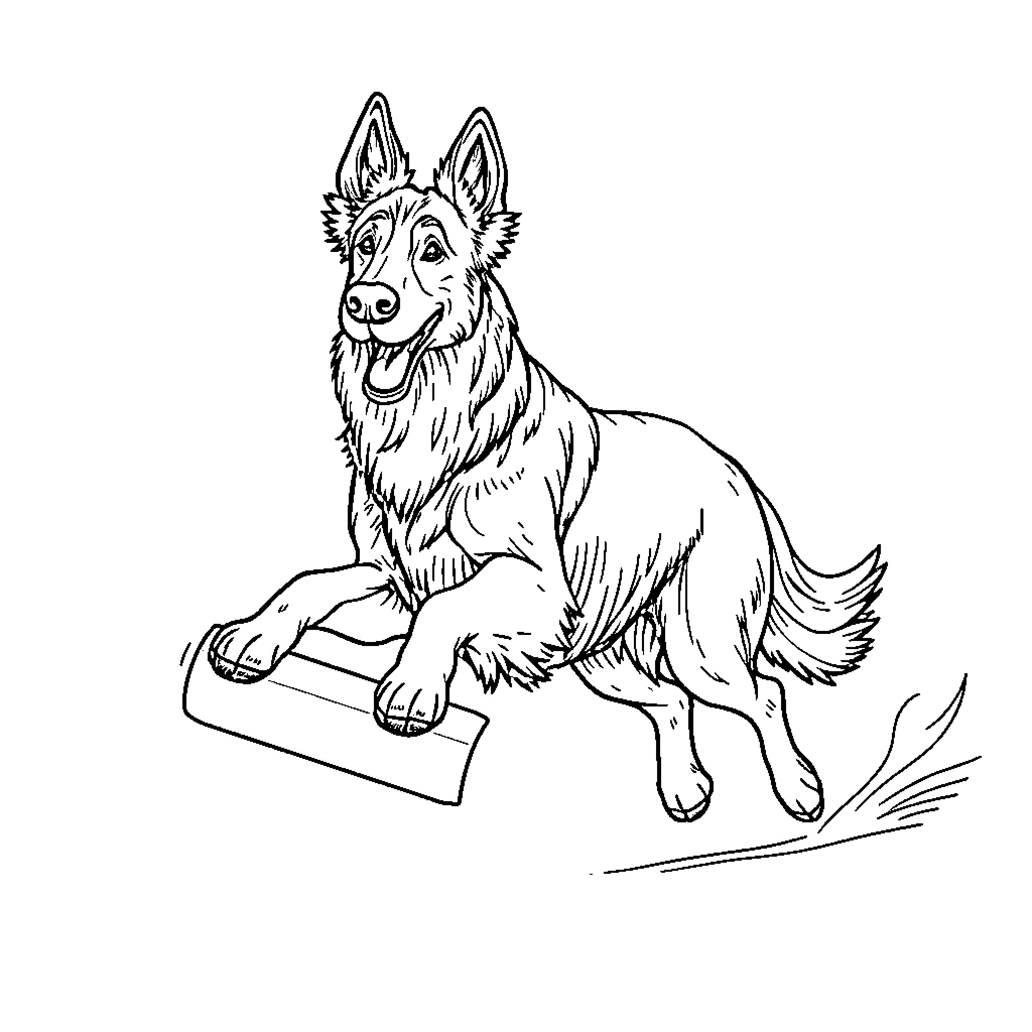 German Shepherd Sitting on Bench Coloring Page (free black-and-white line drawing printable PDF for all, from beginners to advanced learners, including children, teens, adults, and seniors)