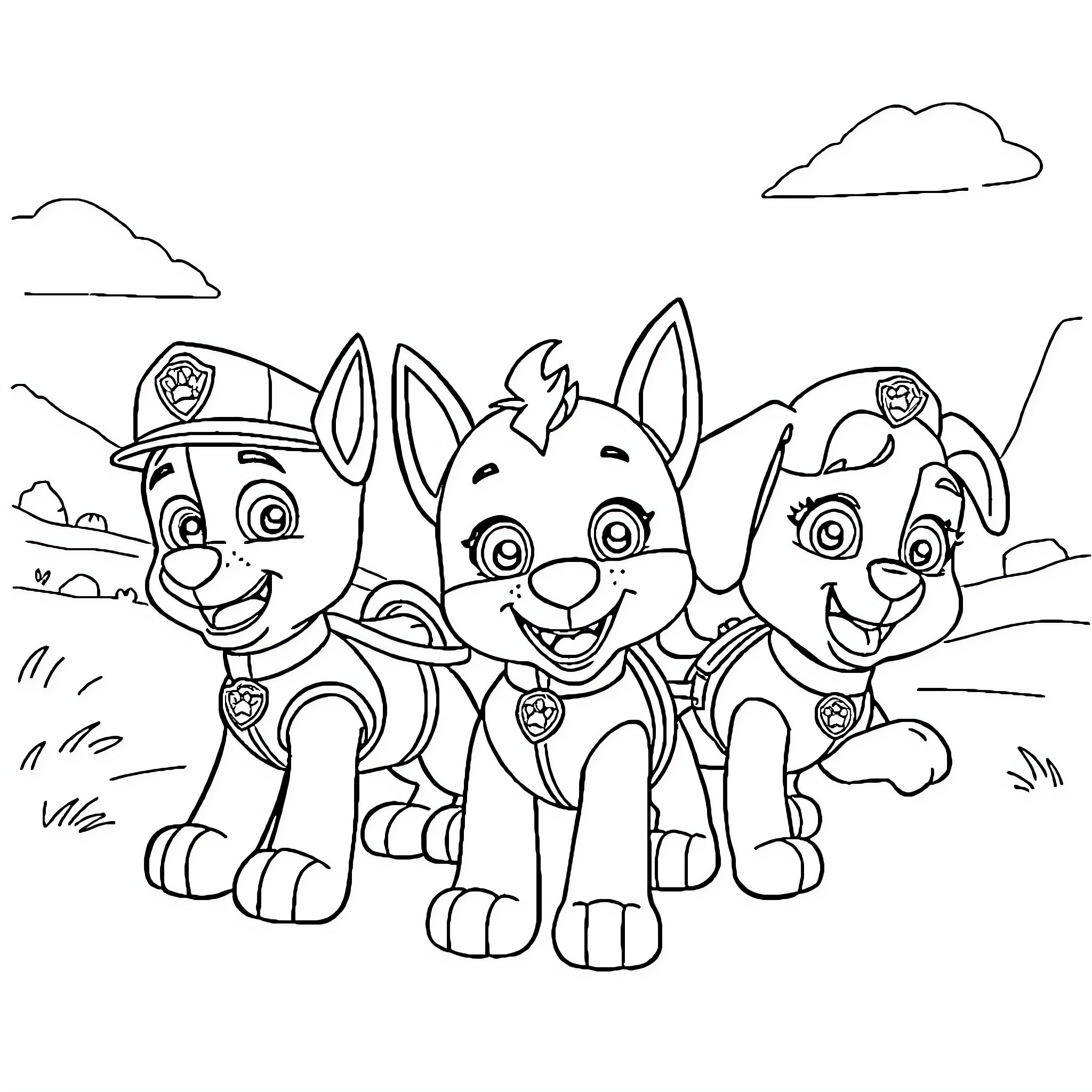 Paw Patrol Pups on Outdoor Adventure Coloring Page (free black-and-white line drawing printable PDF for all, from beginners to advanced learners, including children, teens, adults, and seniors)