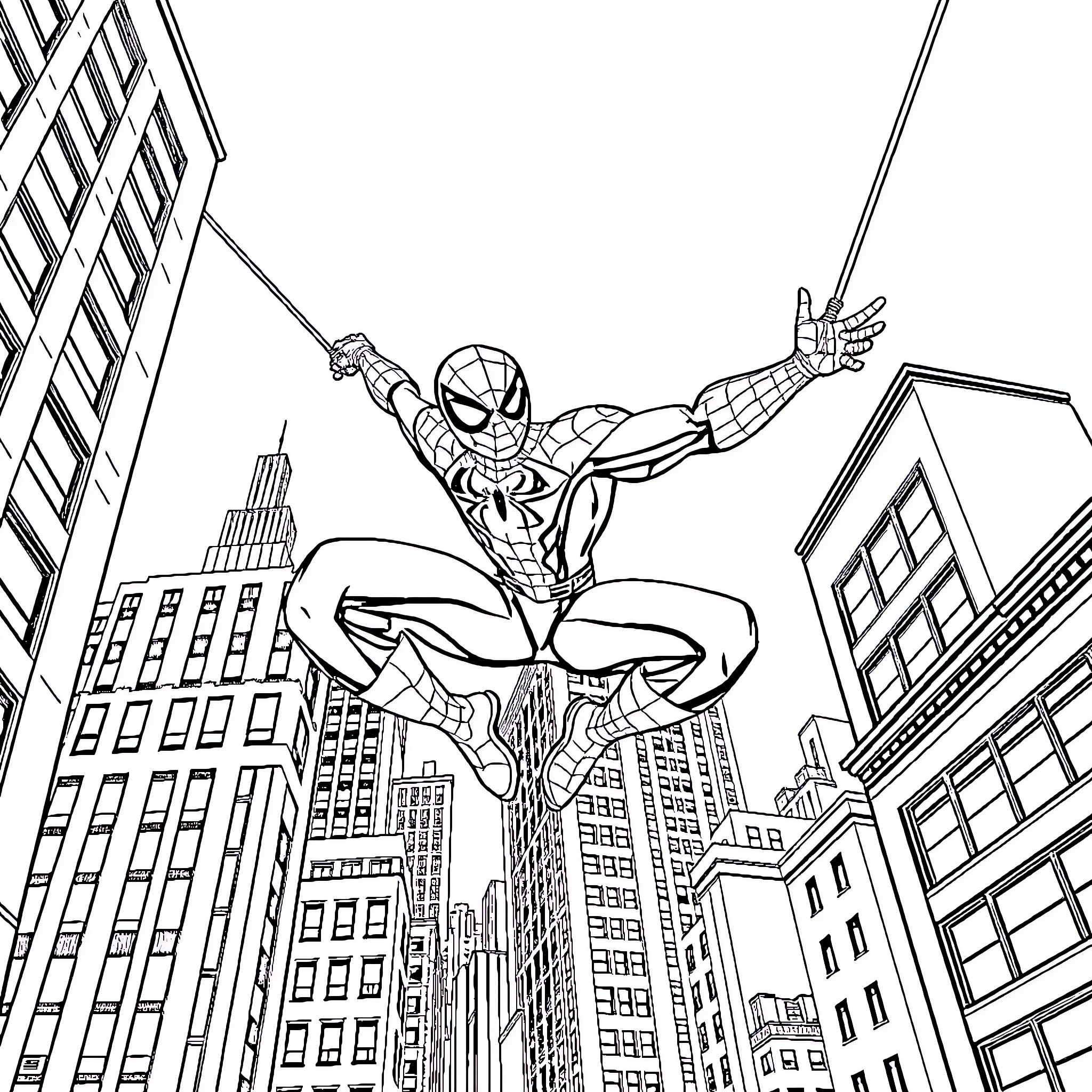 Spider-Man swinging through the city skyline Coloring Page (free black-and-white line drawing printable PDF for all, from beginners to advanced learners, including children, teens, adults, and seniors)