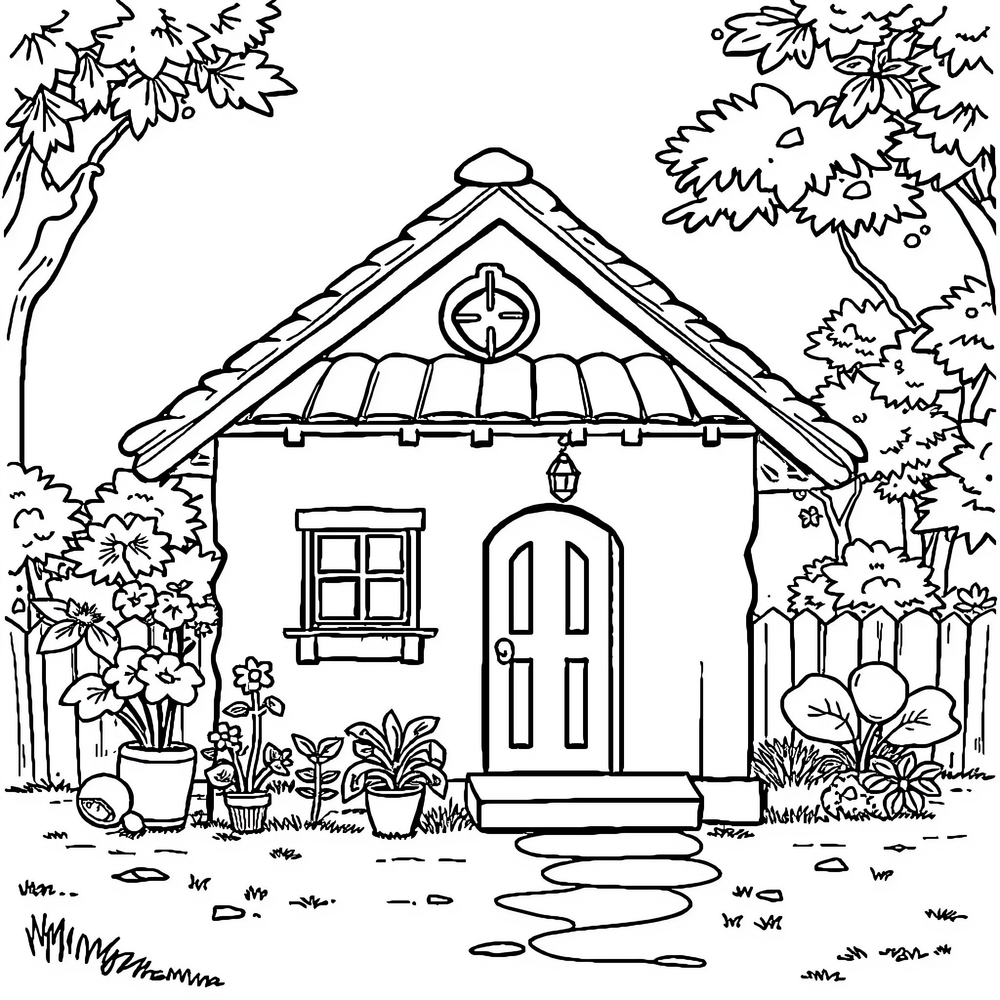 House with Charming Exterior and Blooming Plants Coloring Page (free black-and-white line drawing printable PDF for all, from beginners to advanced learners, including children, teens, adults, and seniors)