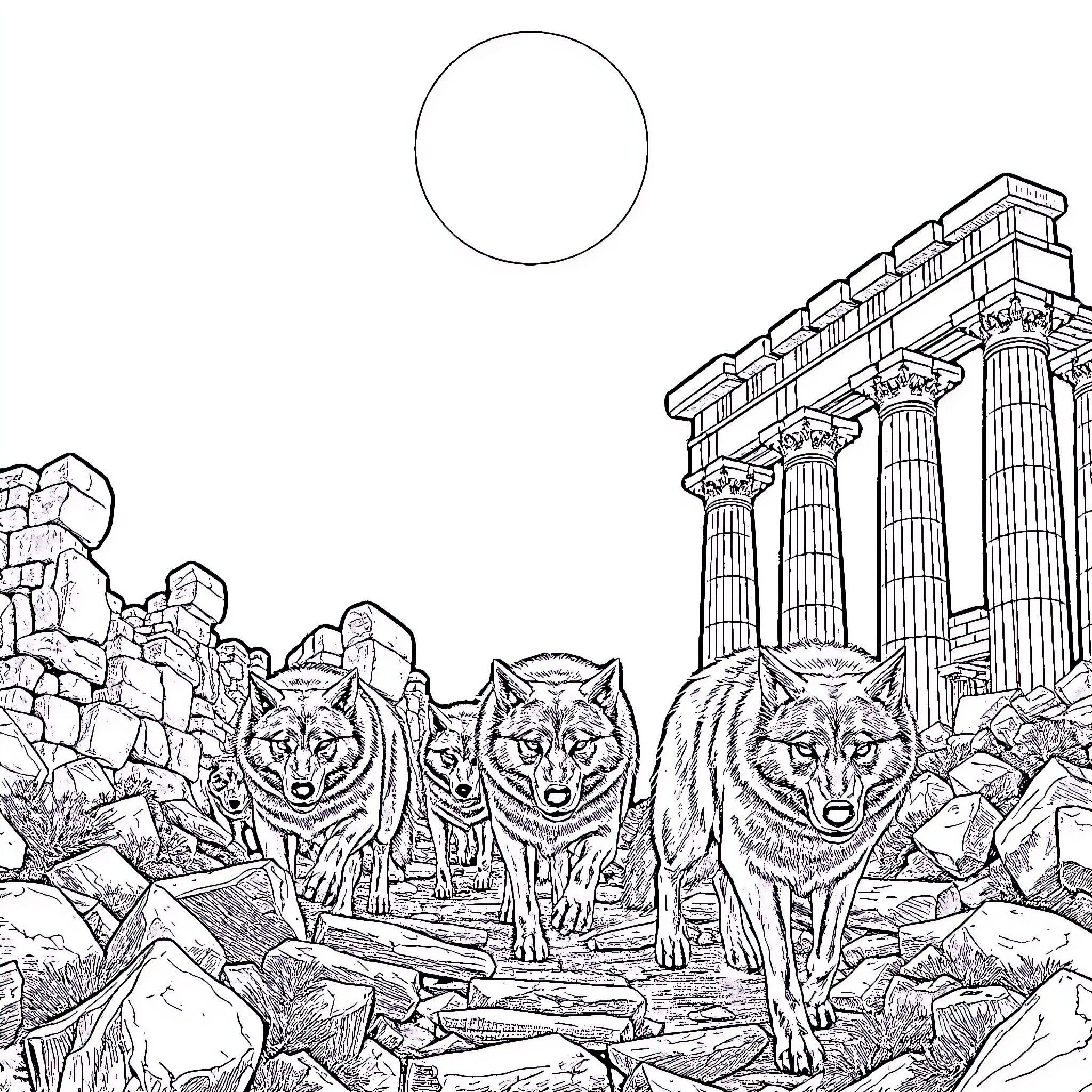 Wolf pack prowling through ancient ruins Coloring Page (free black-and-white line drawing printable PDF for all, from beginners to advanced learners, including children, teens, adults, and seniors)