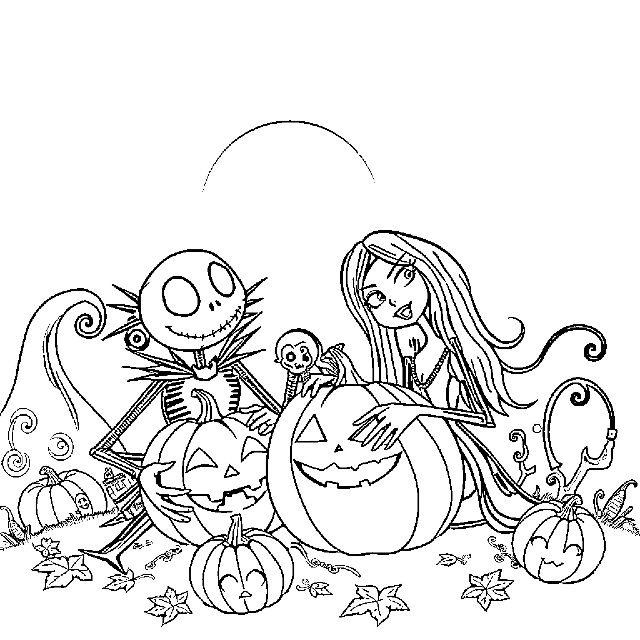 Nightmare Before Christmas: Spooky Pumpkin Revelry Coloring Page (free black-and-white line drawing printable PDF for all, from beginners to advanced learners, including children, teens, adults, and seniors)