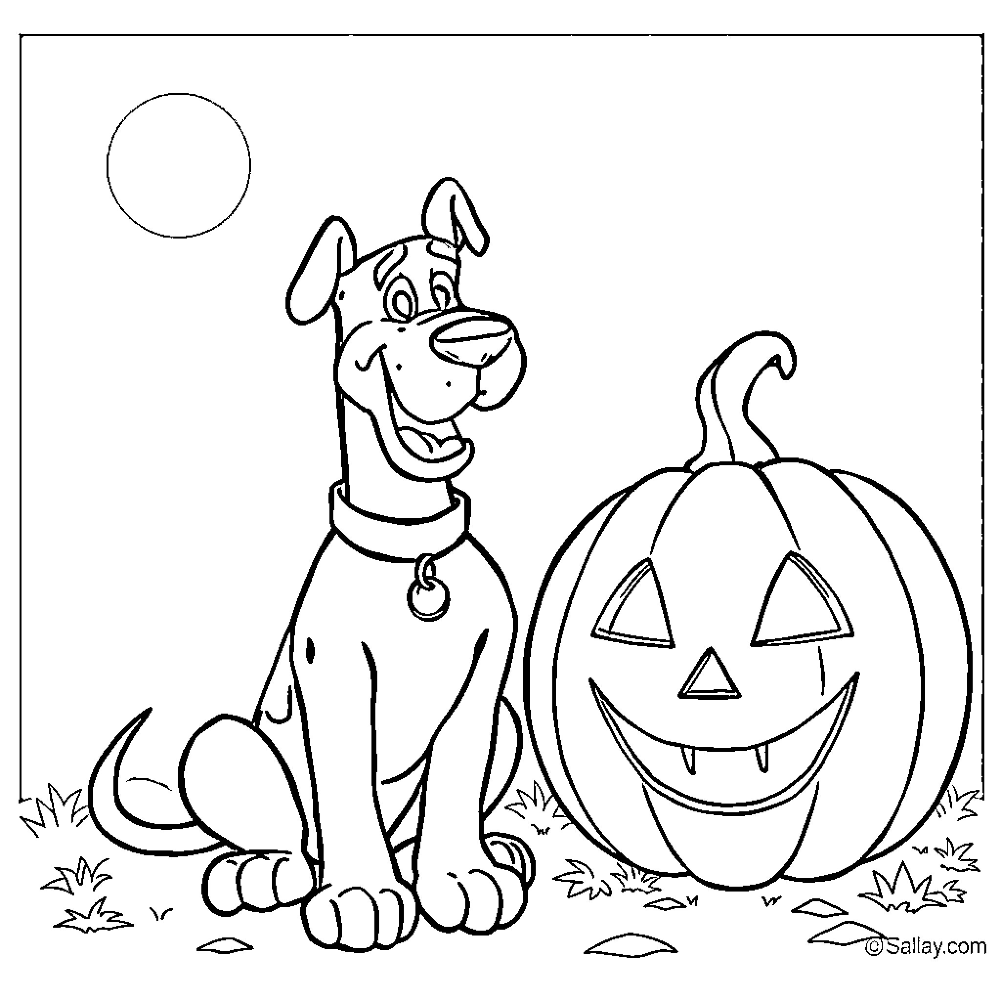 Scooby Doo excited with a Halloween pumpkin Coloring Page (free black-and-white line drawing printable PDF for all, from beginners to advanced learners, including children, teens, adults, and seniors)