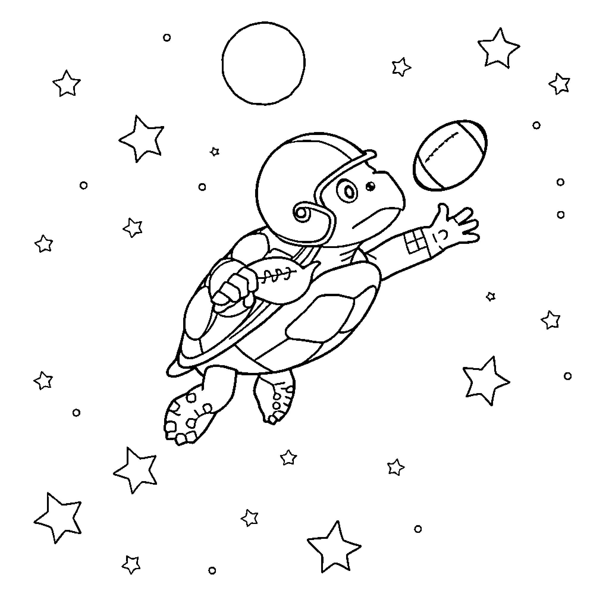 Turtle floating in the starry sky Coloring Page (free black-and-white line drawing printable PDF for all, from beginners to advanced learners, including children, teens, adults, and seniors)