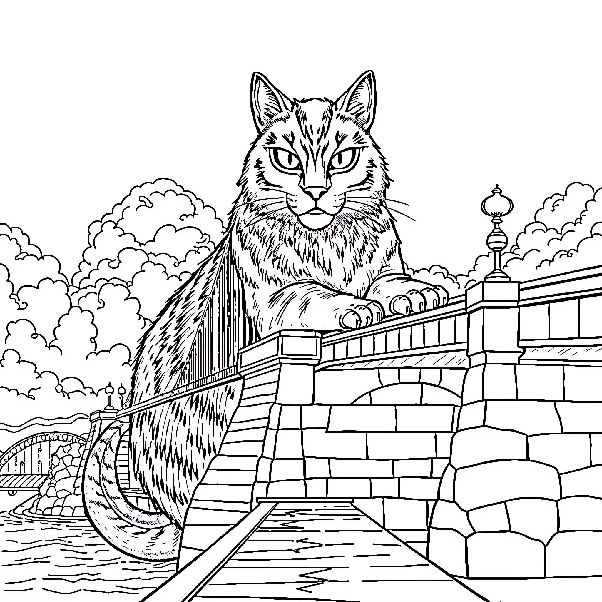 Chatlicorne guarding the castle walls Coloring Page (free black-and-white line drawing printable PDF for all, from beginners to advanced learners, including children, teens, adults, and seniors)