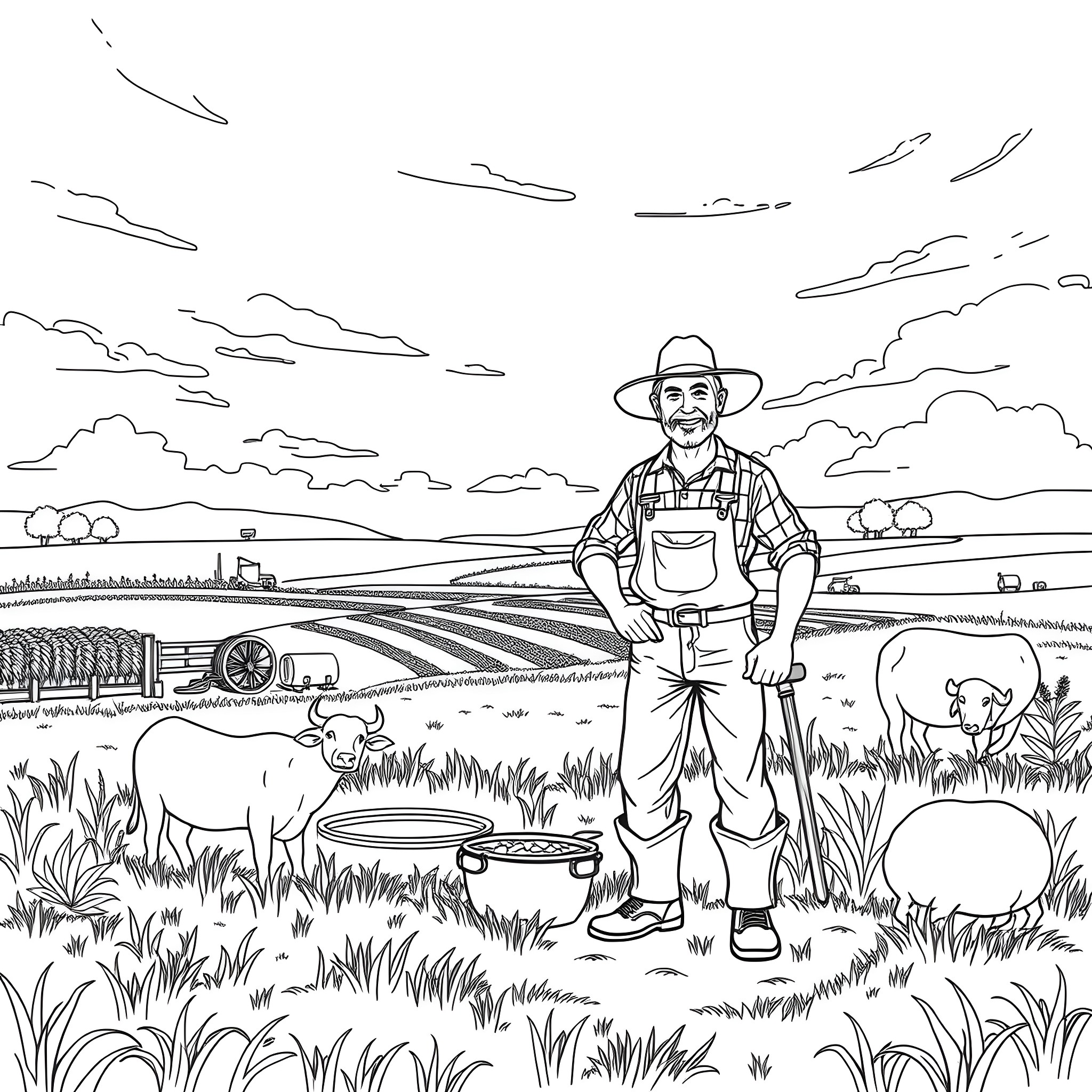 Farmer tending to his livestock in the countryside Coloring Page (free black-and-white line drawing printable PDF for all, from beginners to advanced learners, including children, teens, adults, and seniors)