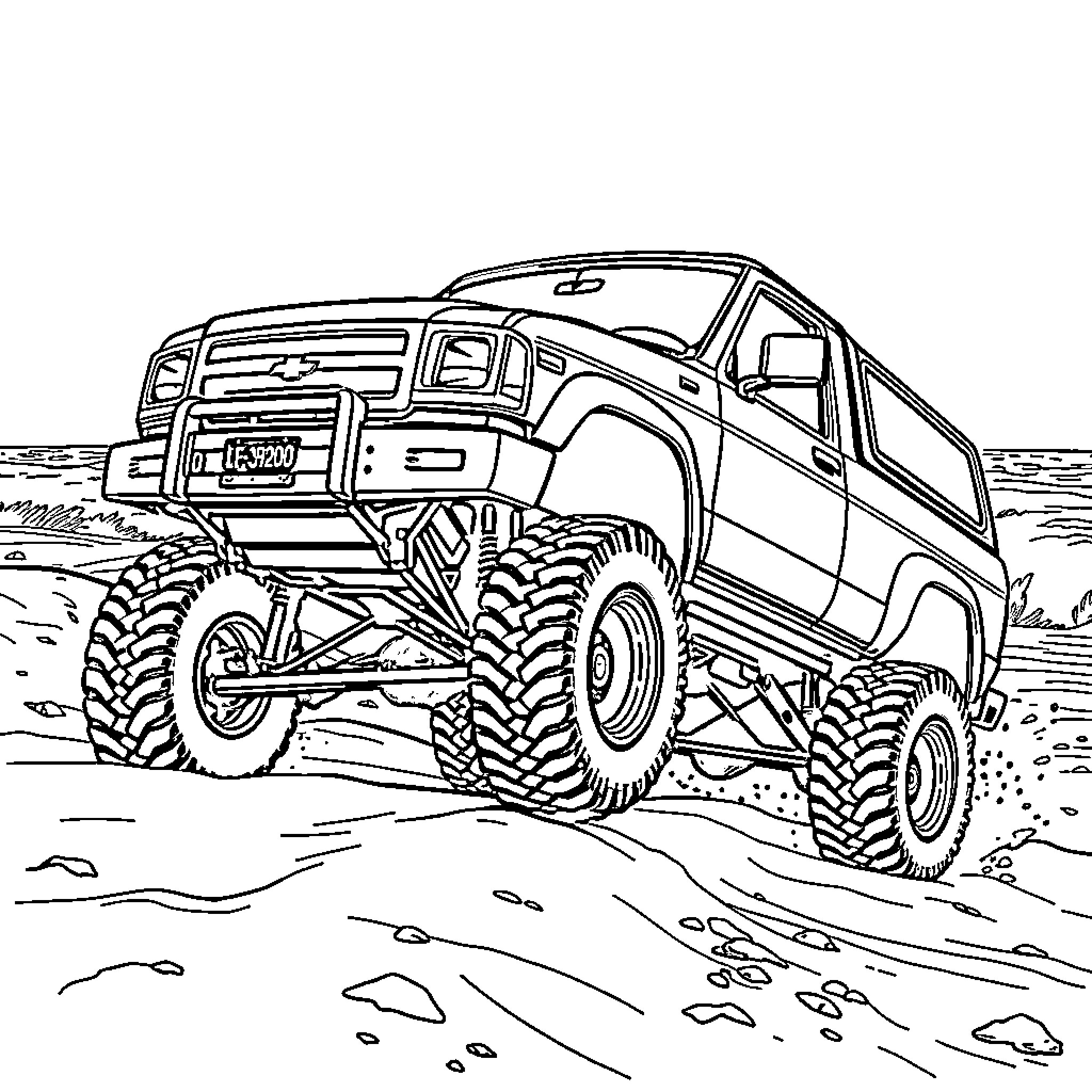 Truck driving over rocky terrain Coloring Page (free black-and-white line drawing printable PDF for all, from beginners to advanced learners, including children, teens, adults, and seniors)