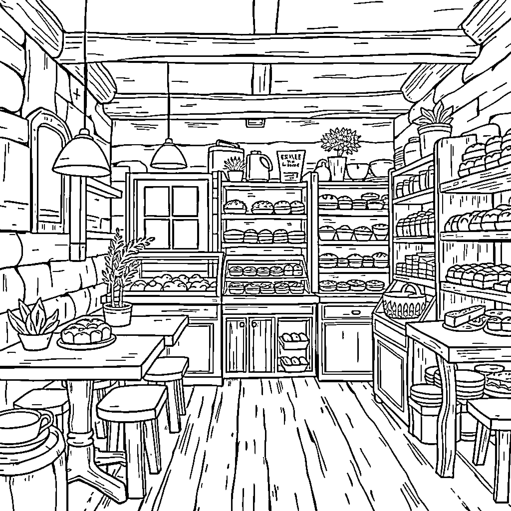 Bakery Displaying Delicious Treats in a Cozy Interior Coloring Page (free black-and-white line drawing printable PDF for all, from beginners to advanced learners, including children, teens, adults, and seniors)