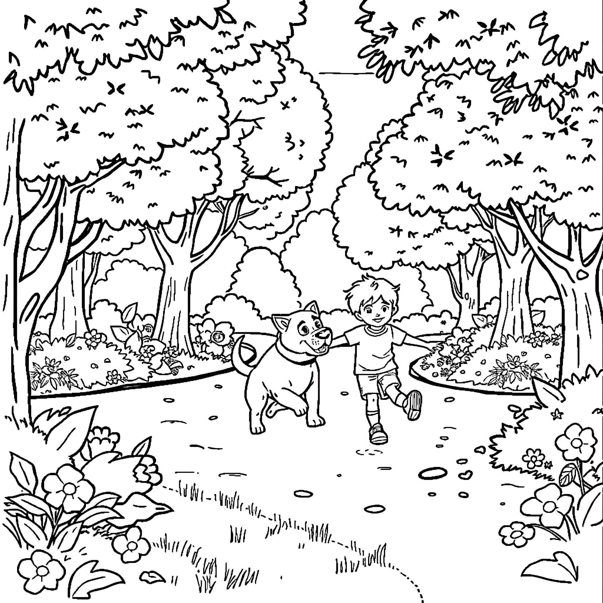 Dog and boy running happily in forest Coloring Page (free black-and-white line drawing printable PDF for all, from beginners to advanced learners, including children, teens, adults, and seniors)