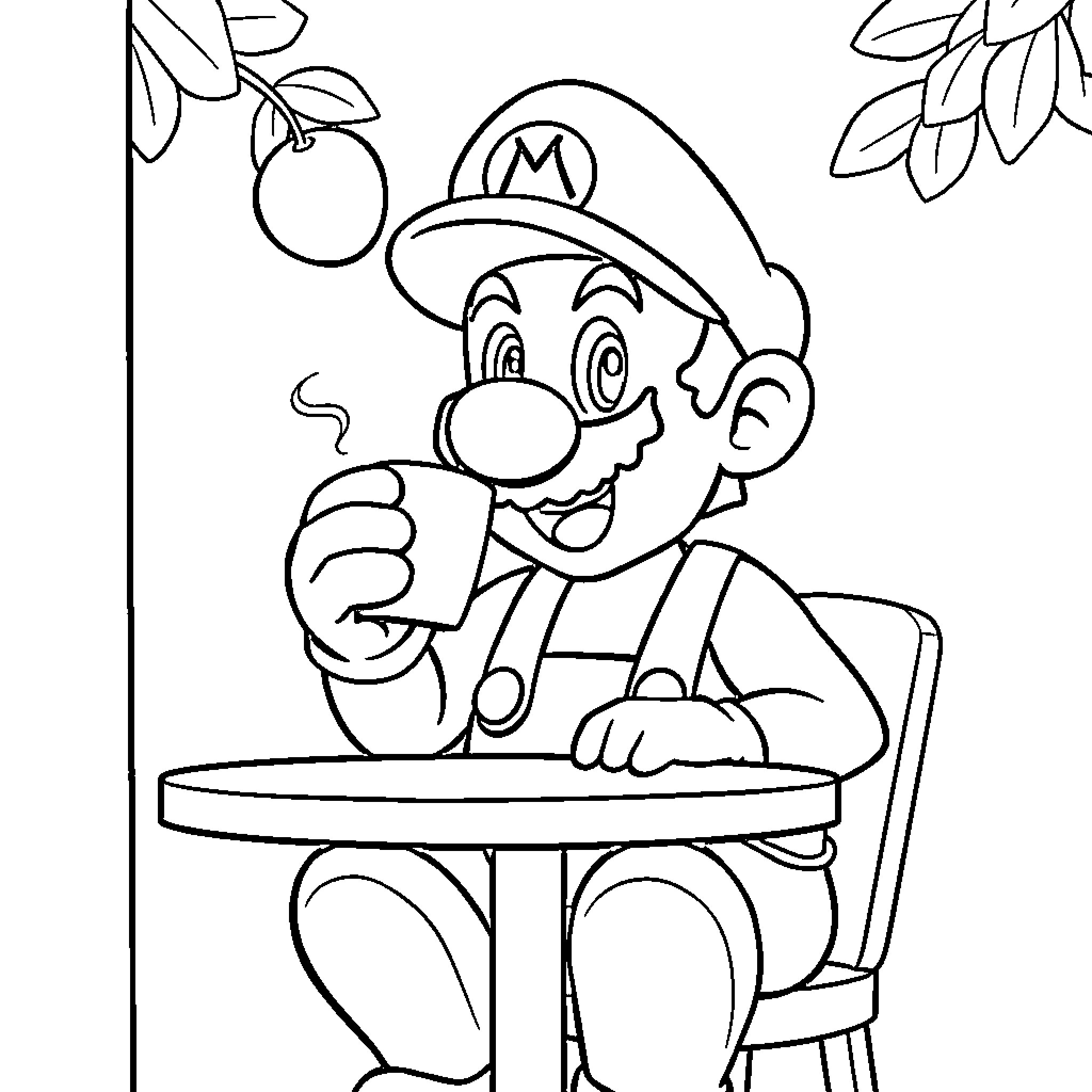 Mario enjoying a beverage in a peaceful setting Coloring Page (free black-and-white line drawing printable PDF for all, from beginners to advanced learners, including children, teens, adults, and seniors)