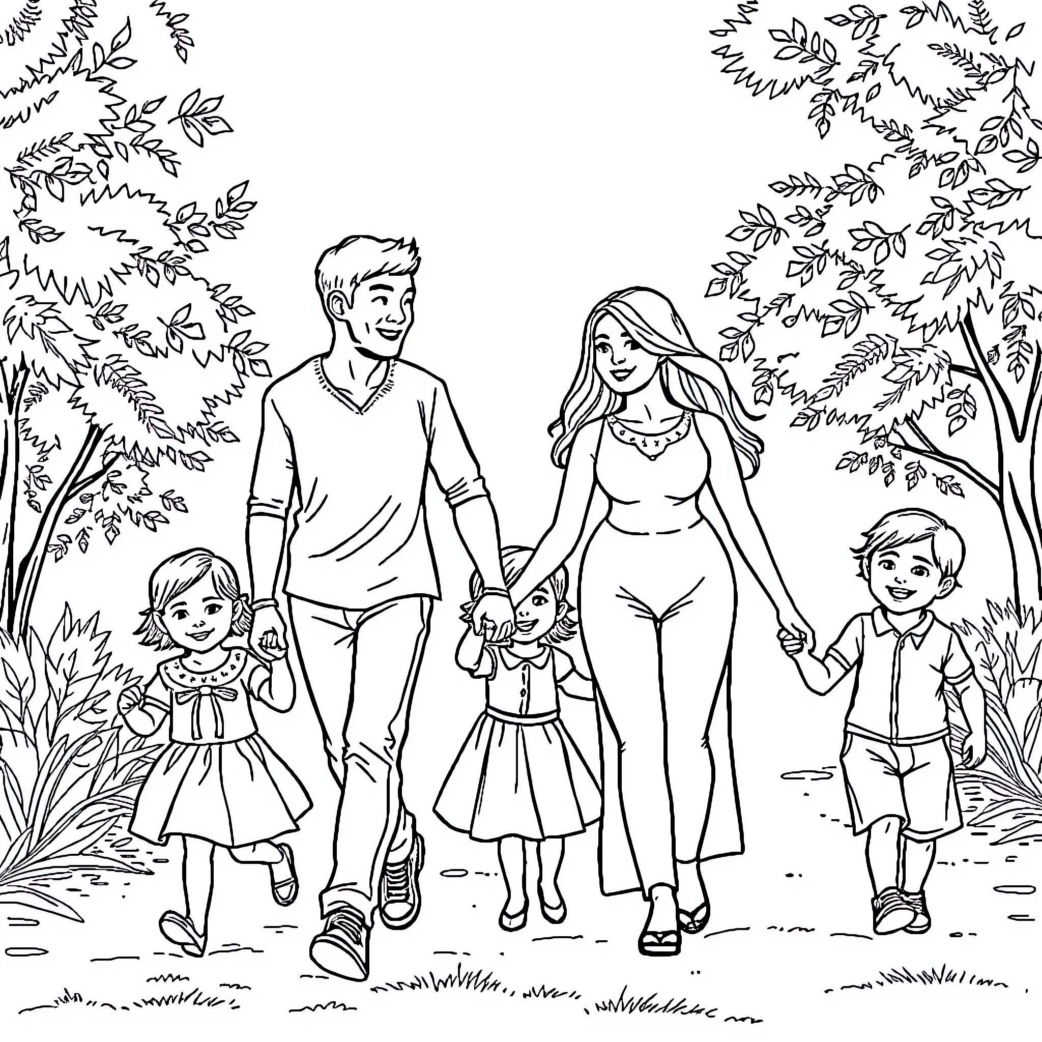 Family enjoying a nature walk together Coloring Page (free black-and-white line drawing printable PDF for all, from beginners to advanced learners, including children, teens, adults, and seniors)