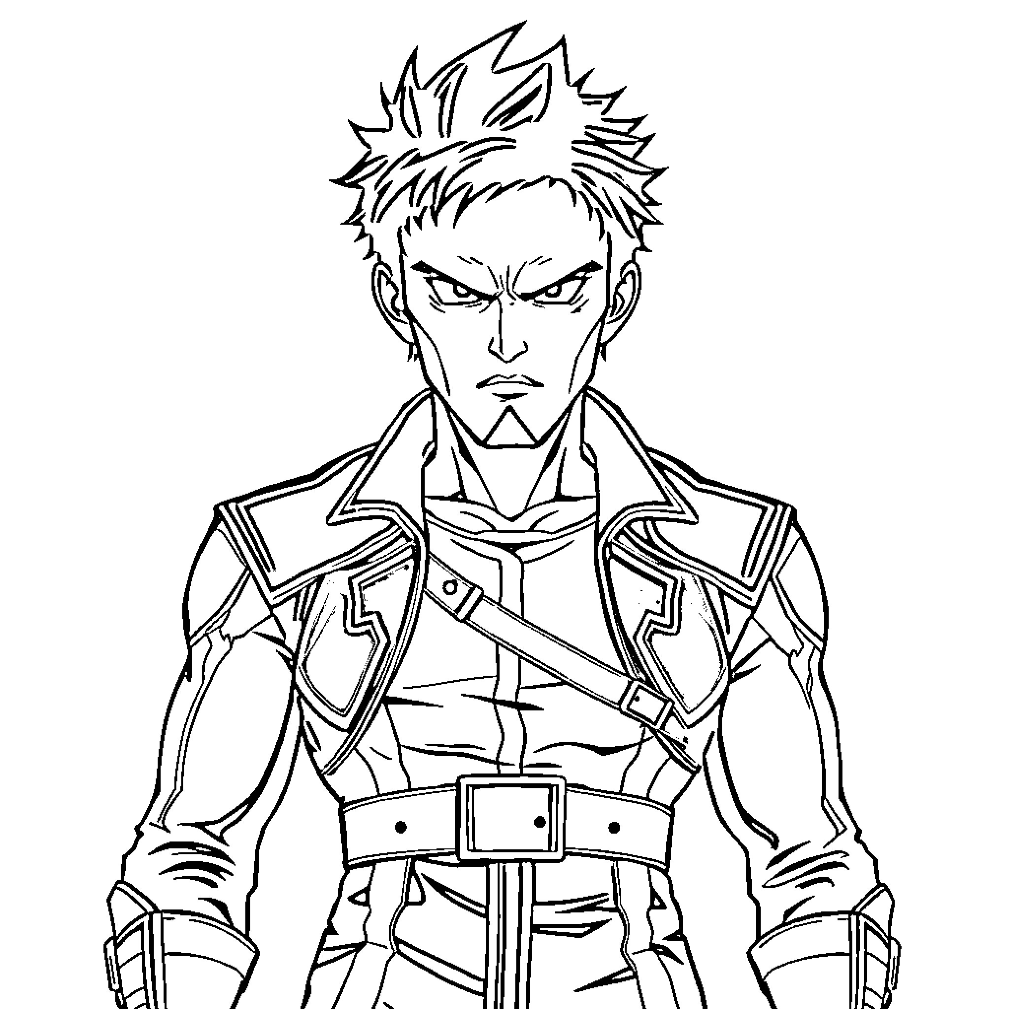 Eren Jaeger standing with a serious facial expression Coloring Page (free black-and-white line drawing printable PDF for all, from beginners to advanced learners, including children, teens, adults, and seniors)
