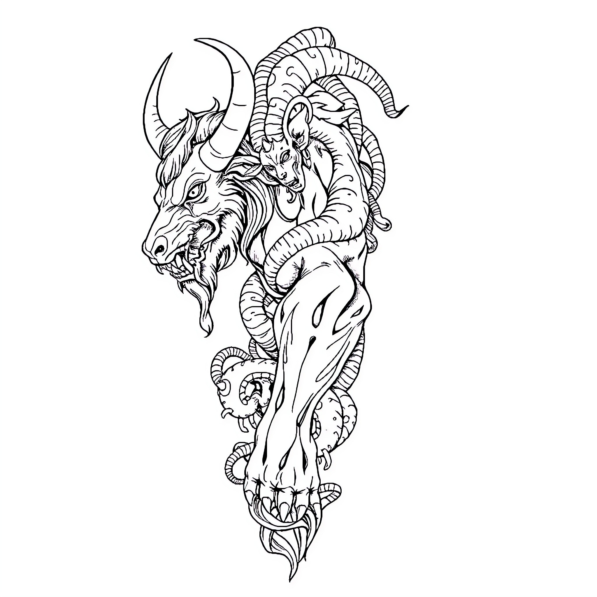 Tattoo of a detailed demonic goat figure Coloring Page (free black-and-white line drawing printable PDF for all, from beginners to advanced learners, including children, teens, adults, and seniors)