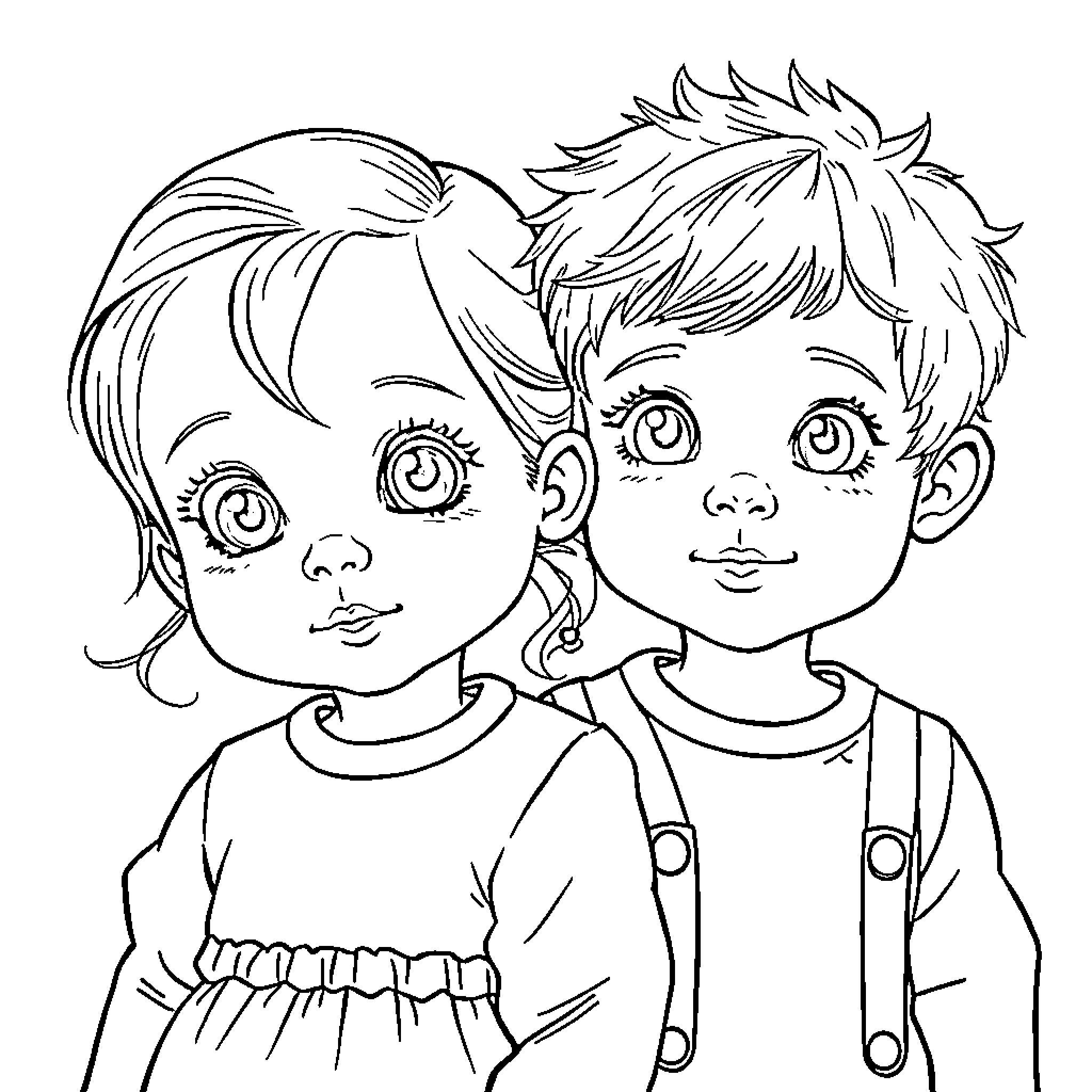 Baby siblings sharing a moment Coloring Page (free black-and-white line drawing printable PDF for all, from beginners to advanced learners, including children, teens, adults, and seniors)