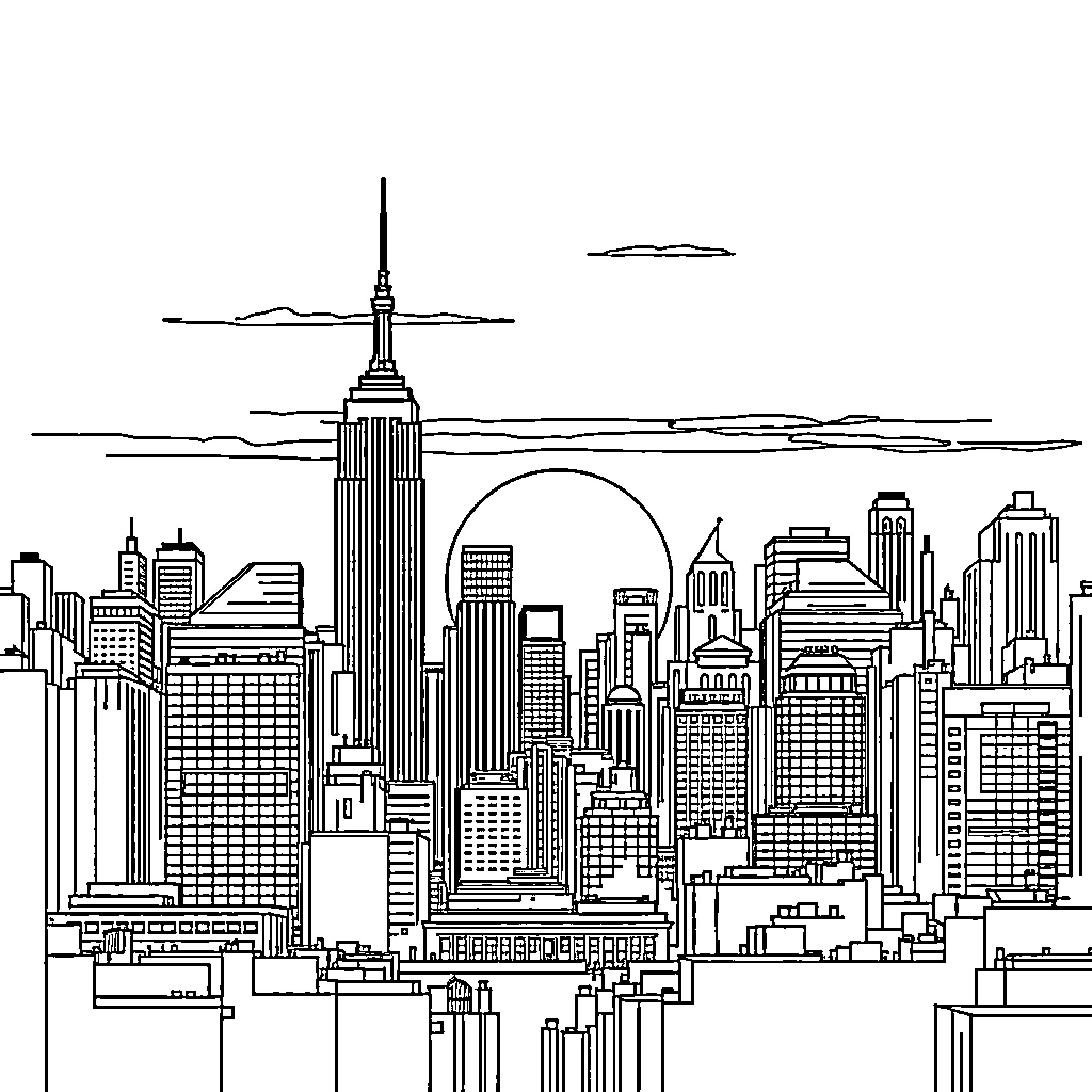 New York City skyline with iconic landmarks Coloring Page (free black-and-white line drawing printable PDF for all, from beginners to advanced learners, including children, teens, adults, and seniors)
