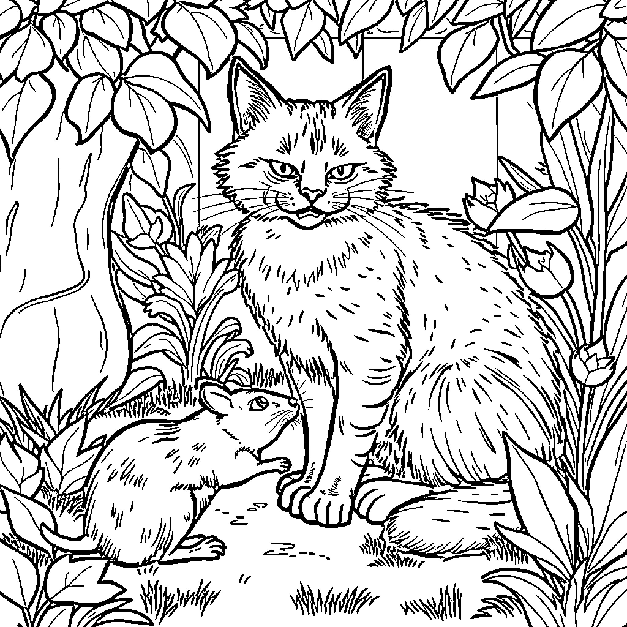 Cat in a Lush Forest Sanctuary Coloring Page (free black-and-white line drawing printable PDF for all, from beginners to advanced learners, including children, teens, adults, and seniors)