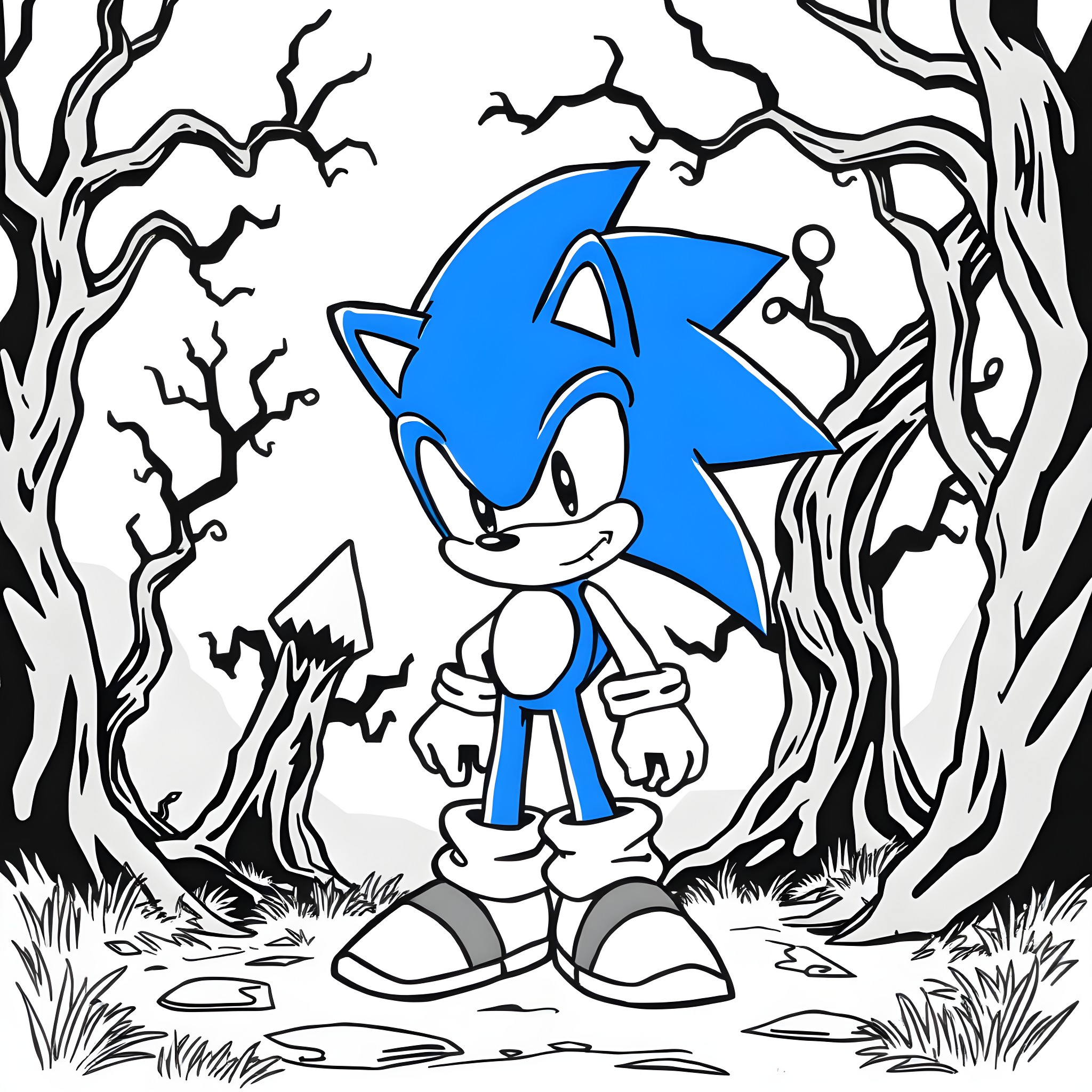 Sonic Navigating through a Mysterious Forest Coloring Page (free black-and-white line drawing printable PDF for all, from beginners to advanced learners, including children, teens, adults, and seniors)