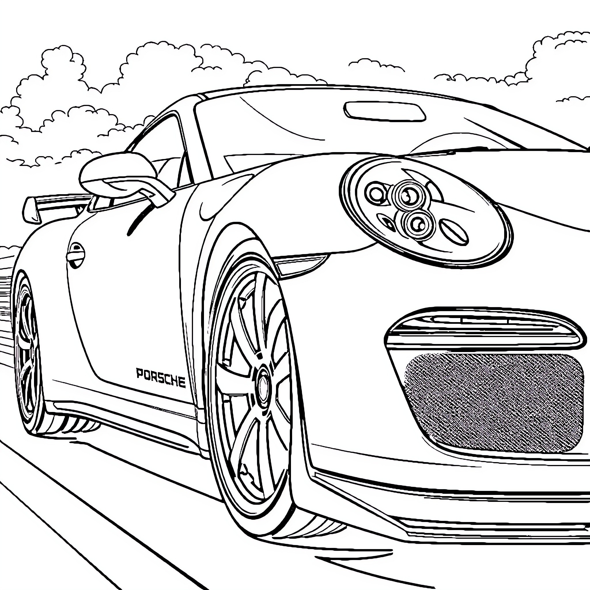 Mobil luxury sports car on the open road Coloring Page (free black-and-white line drawing printable PDF for all, from beginners to advanced learners, including children, teens, adults, and seniors)